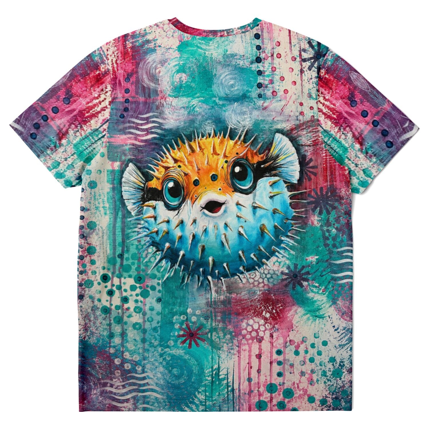 T-Shirt mit buntem Kugelfisch-Motiv im künstlerischen Design, ideal für Fans von Diamond Painting und Malen nach Zahlen