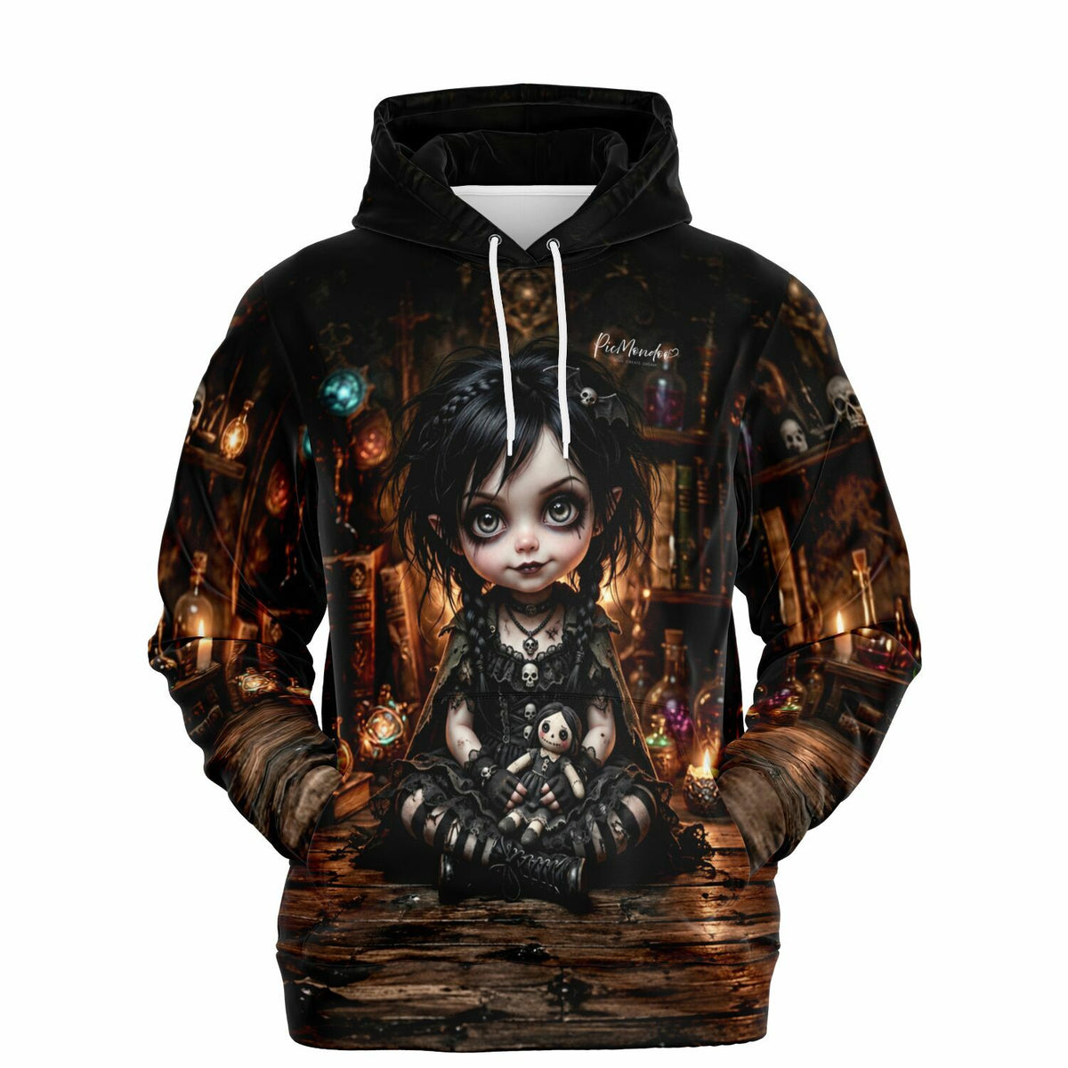 Schwarzer Dreamer Hoodie mit Little Mistelchen Motiv im Gothic-Stil, inspiriert durch Diamond Painting Kunst