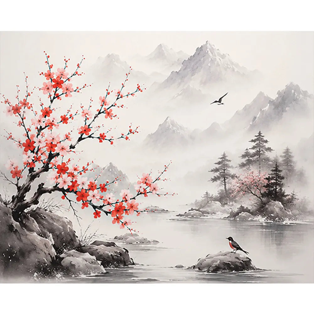 Malen nach Zahlen für Erwachsene: Kirschbaum in Blüte, Vögel und Berglandschaft am See als kreatives DIY-Kunstwerk.
