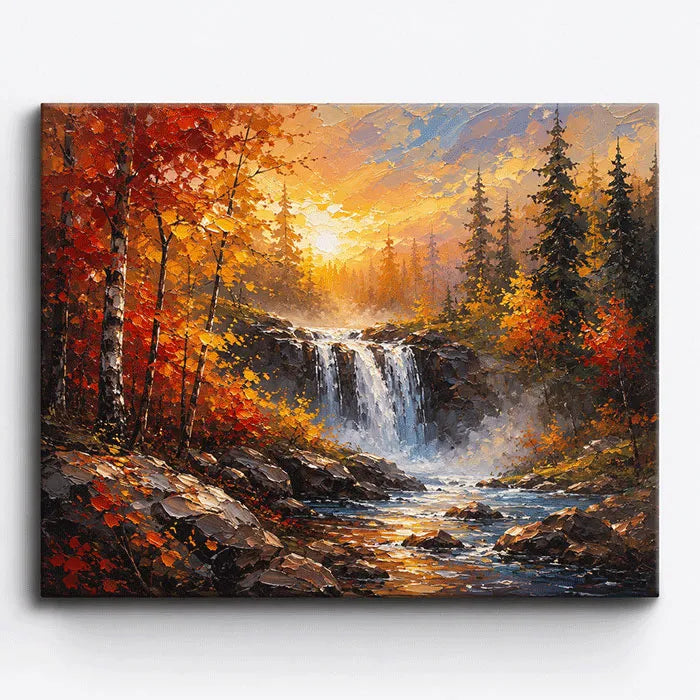 Malen nach Zahlen für Erwachsene: Herbstlandschaft mit Wasserfall, goldenem Laub und Sonnenuntergang auf Leinwand.