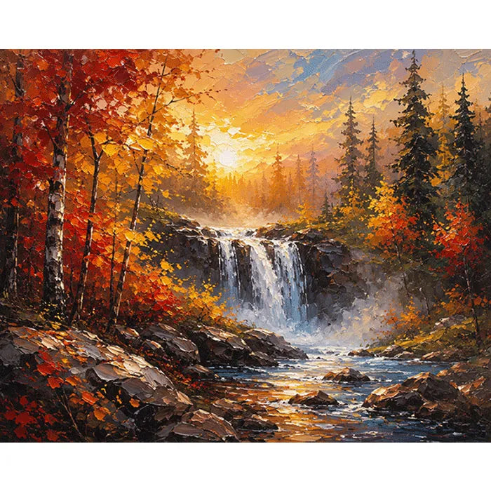 Malen nach Zahlen für Erwachsene: Herbstleuchten mit Wasserfall, goldenem Wald und leuchtenden Laubfarben auf Leinwand