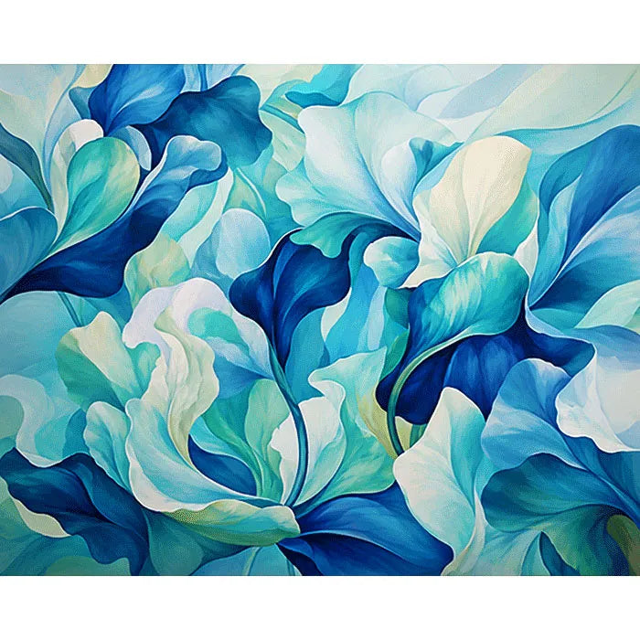 Malen nach Zahlen für Erwachsene: Blaue Poesie mit abstrakten, floralen Wellen in Blau-, Türkis- und Minttönen