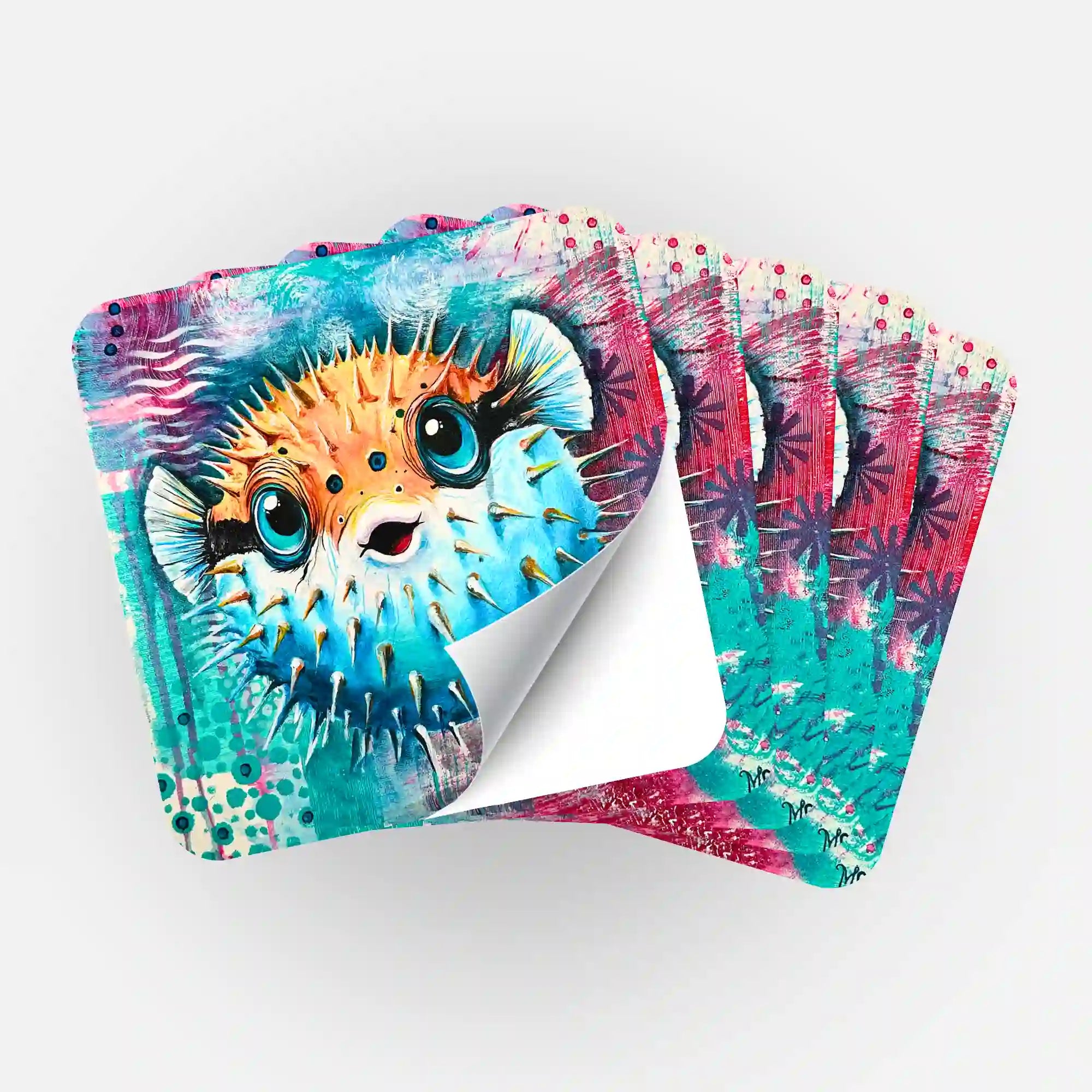 Fünf bunte Sticker mit Kugel fisch Motiv zur Organisation von Diamond Painting Sets und Malen nach Zahlen Projekten
