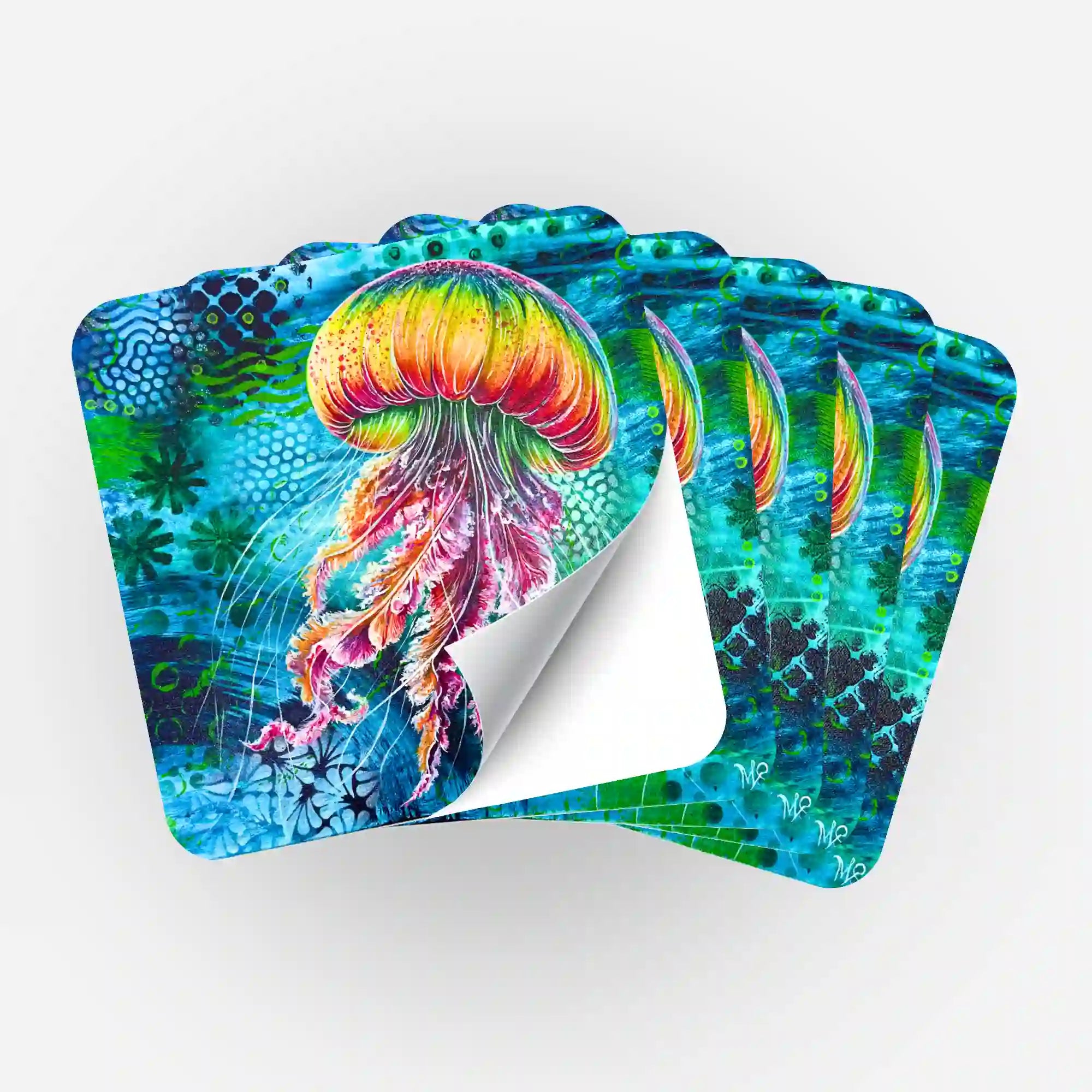 5er-Set Medusa Solaris Aufkleber für Diamond Painting Zubehör mit farbenfrohem Quallen-Motiv auf blauem Hintergrund