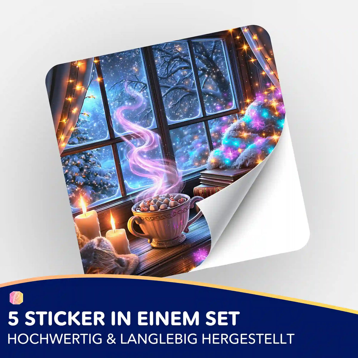 Picmondoo Sticker-Set Weihnachtszauber für Diamond Painting Fans mit winterlichem Fenster-Motiv und dampfender Tasse.