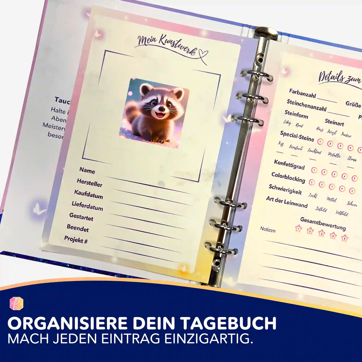 Diamond Painting Tagebuch mit Waschbär-Sticker für die Dokumentation von Projektdetails und Fortschritt