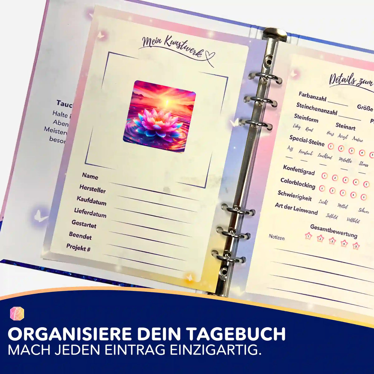 Diamond Painting Aufkleber Blüte zwischen den Welten zur Organisation im Tagebuch für DIY-Kunstwerke