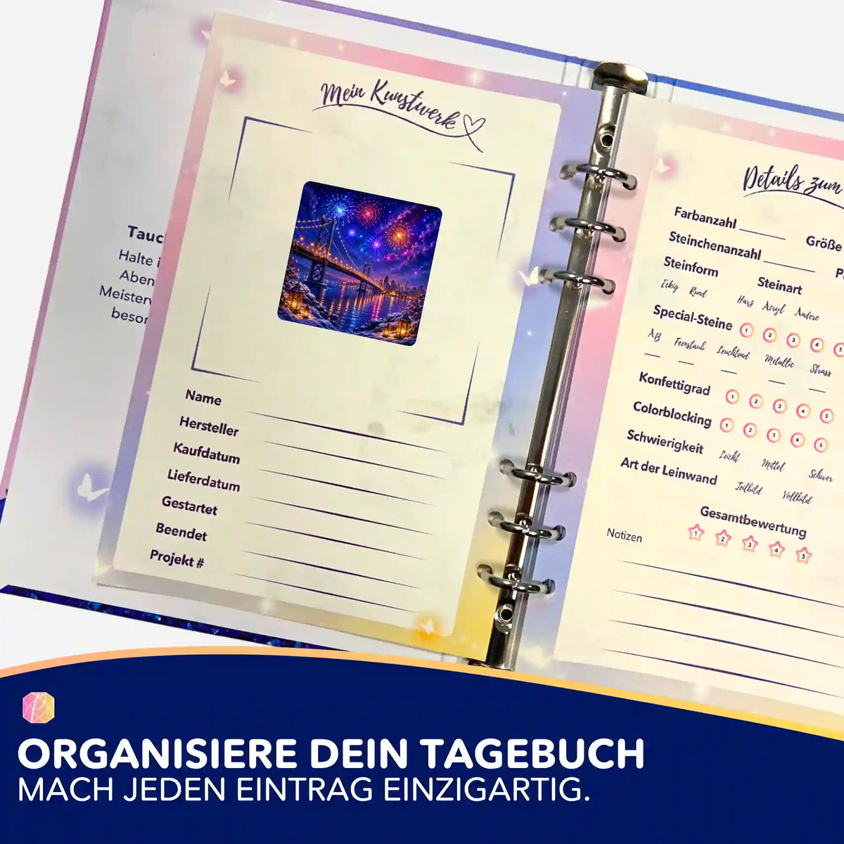Picmondoo Sticker für Diamond Painting Tagebuch zur Organisation von Kunstwerken mit Feuerwerks-Motiv