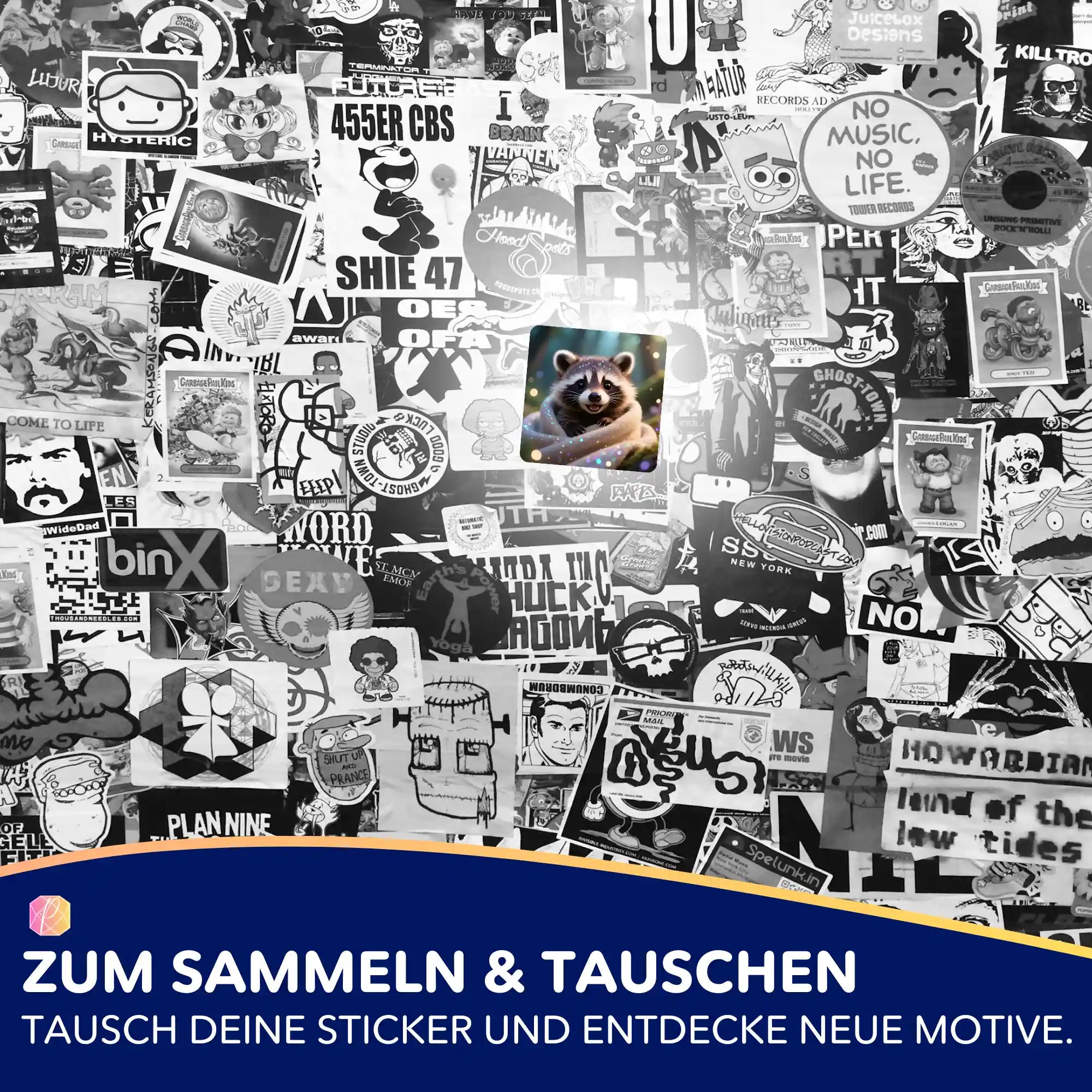 Buntes Waschbär-Sticker Motiv für Diamond Painting und DIY-Bastelsets im Picmondoo-Design.