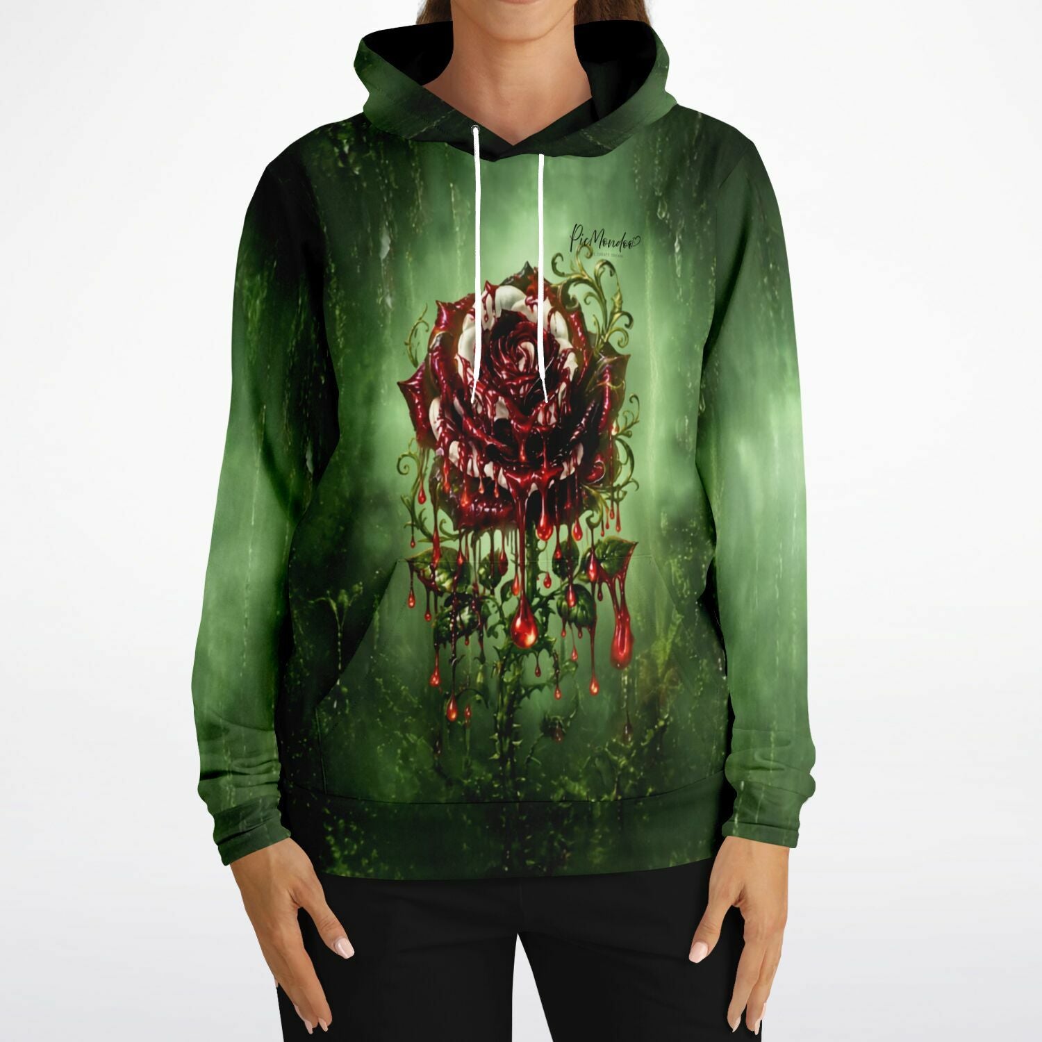 Dreamer Hoodie von Picmondoo mit Gothic-Design: Dunkelrote Rose mit fließenden Details auf grünem, mystischem Hintergrund.