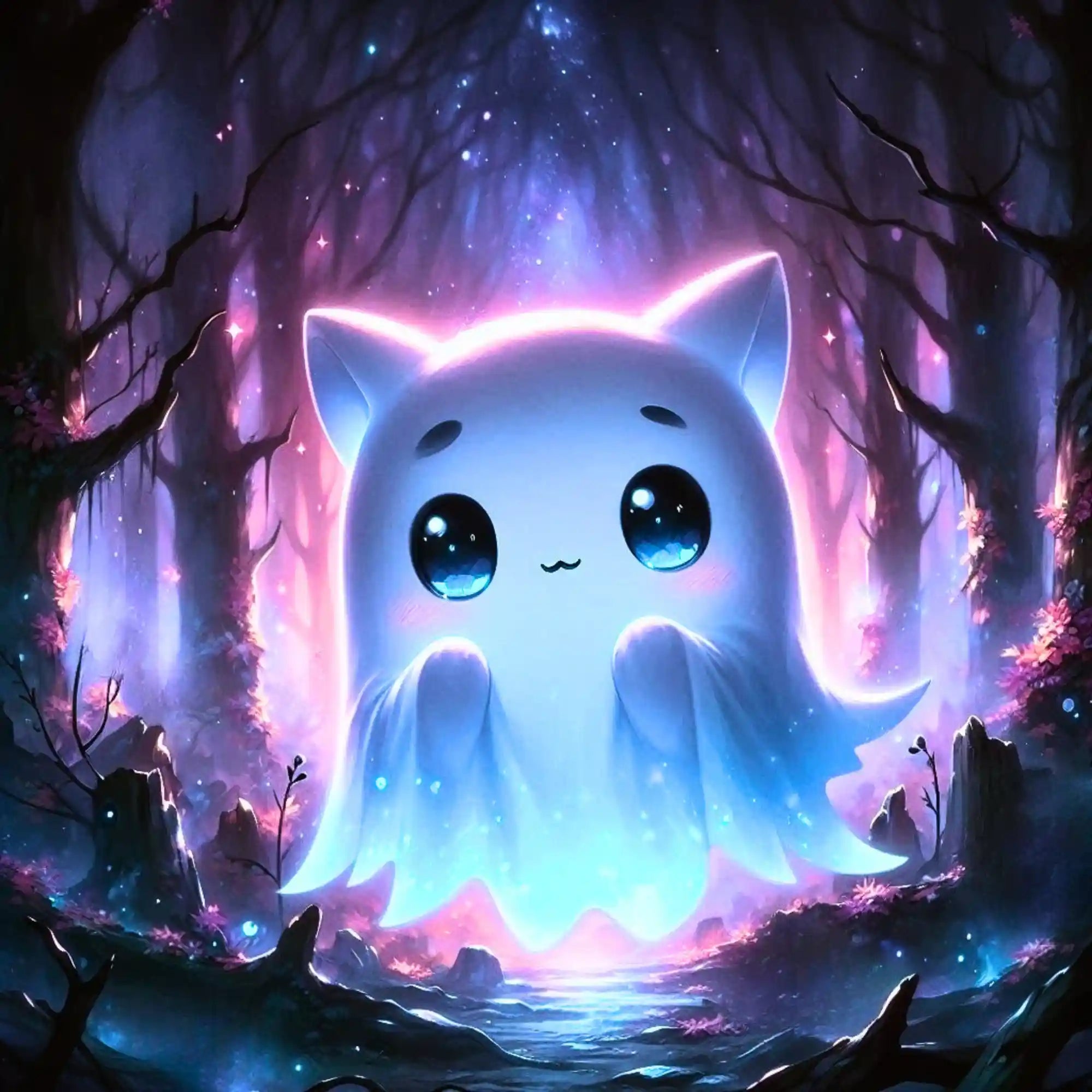 Diamond Painting Set mit niedlichem Geist im magischen Wald, leuchtende Farben und funkelnde Details