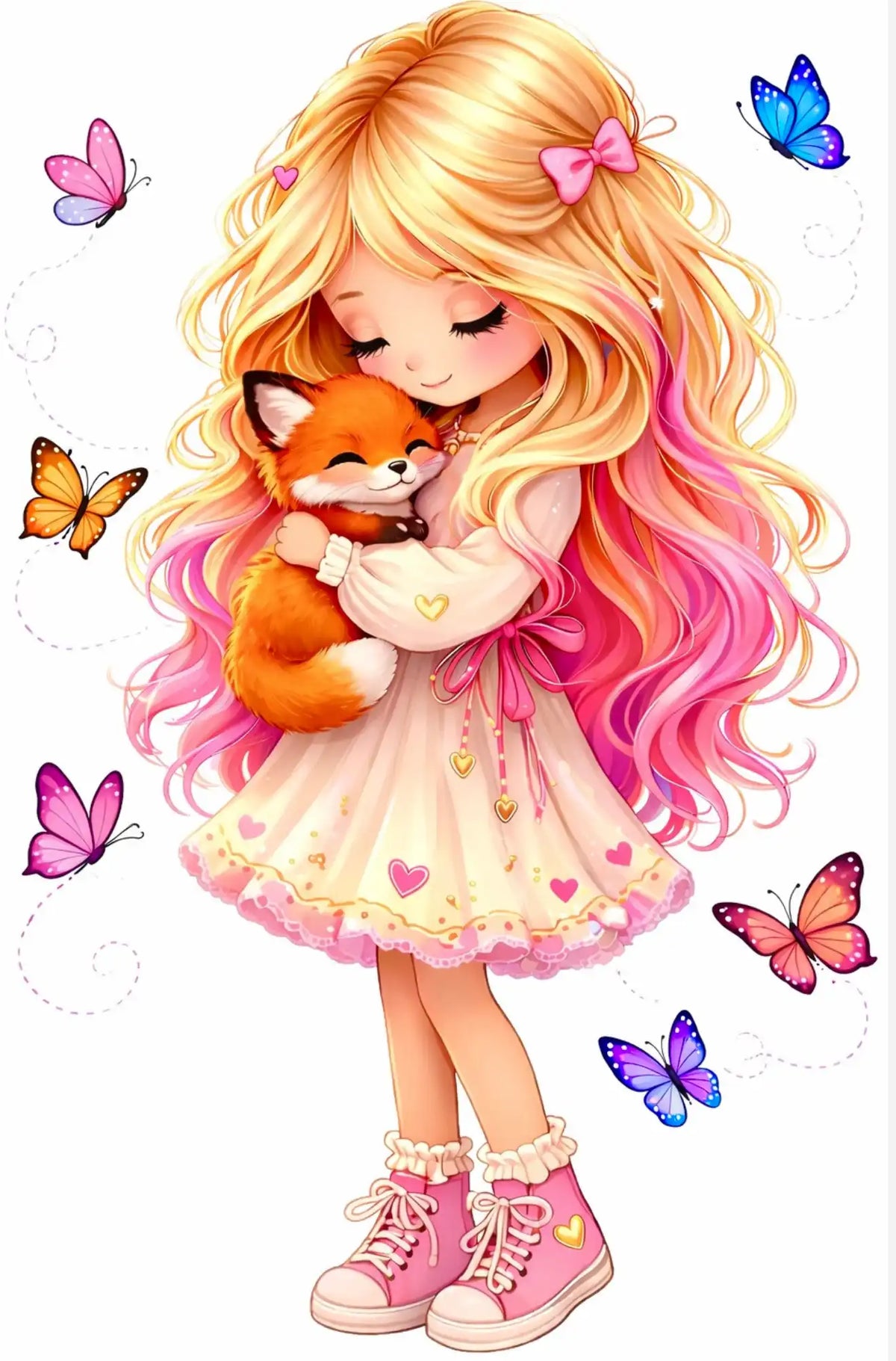 Diamond Painting Set Mädchen mit Fuchs und Schmetterlingen in rosa Farben für kreative DIY-Kunstprojekte