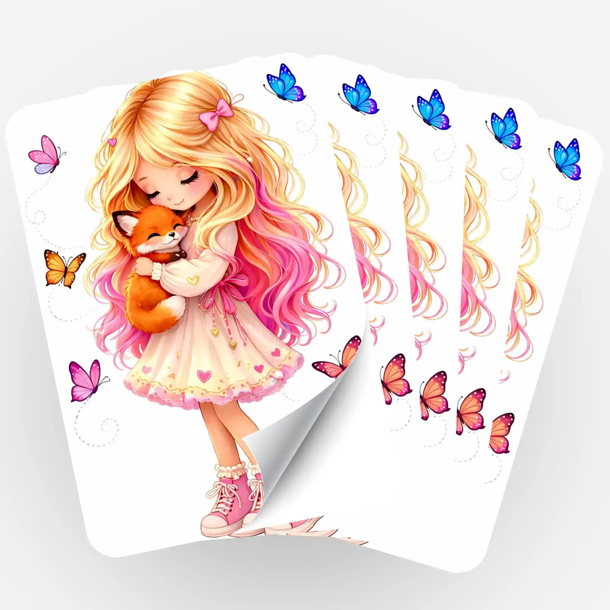 Picmondoo Aufkleber-Set Geborgenheit: 5 Sticker mit Diamond Painting Motiv: Mädchen mit Fuchs und bunten Schmetterlingen