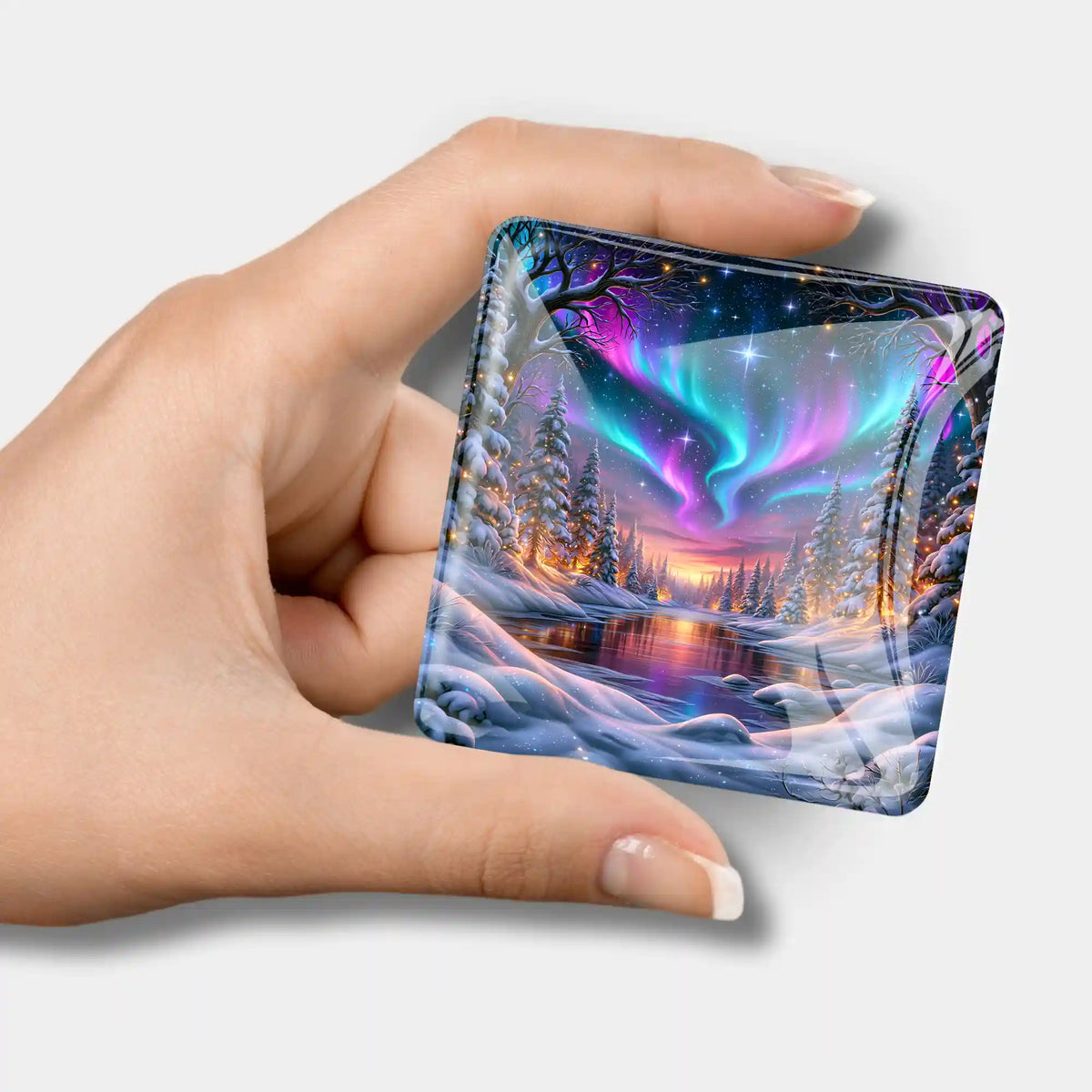 Quadratischer Diamond Painting Cover Minder mit Nordlicht-Motiv als praktisches Zubehör für DIY-Bastelsets