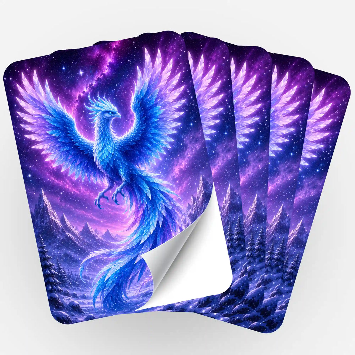 5er-Set Aufkleber Winterphönix für Diamond Painting Zubehör mit blauem Phönix-Motiv und violetter Galaxie-Landschaft