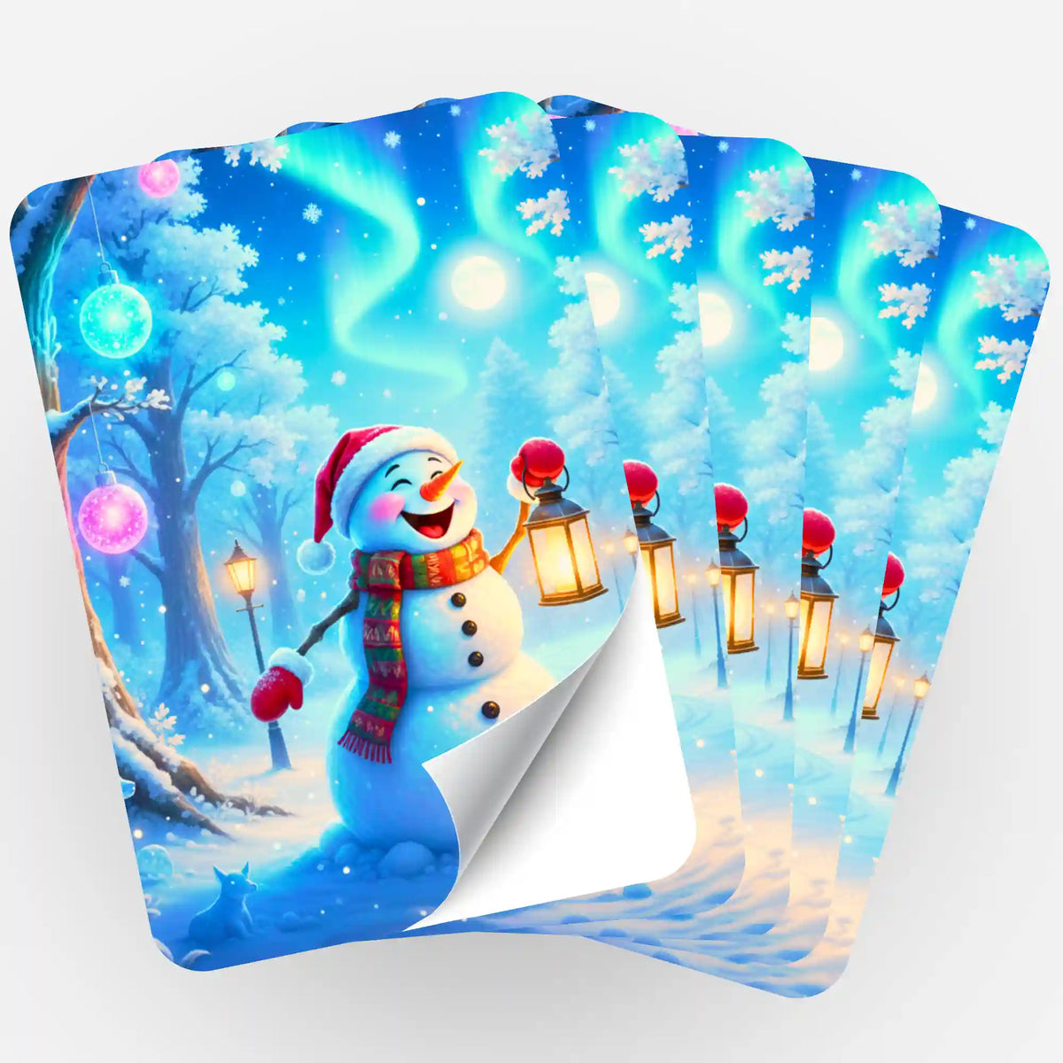 Fächer von 5 Picmondoo Aufklebern mit Schneemann-Motiv, perfekt zur Organisation deines Diamond Painting Zubehörs.