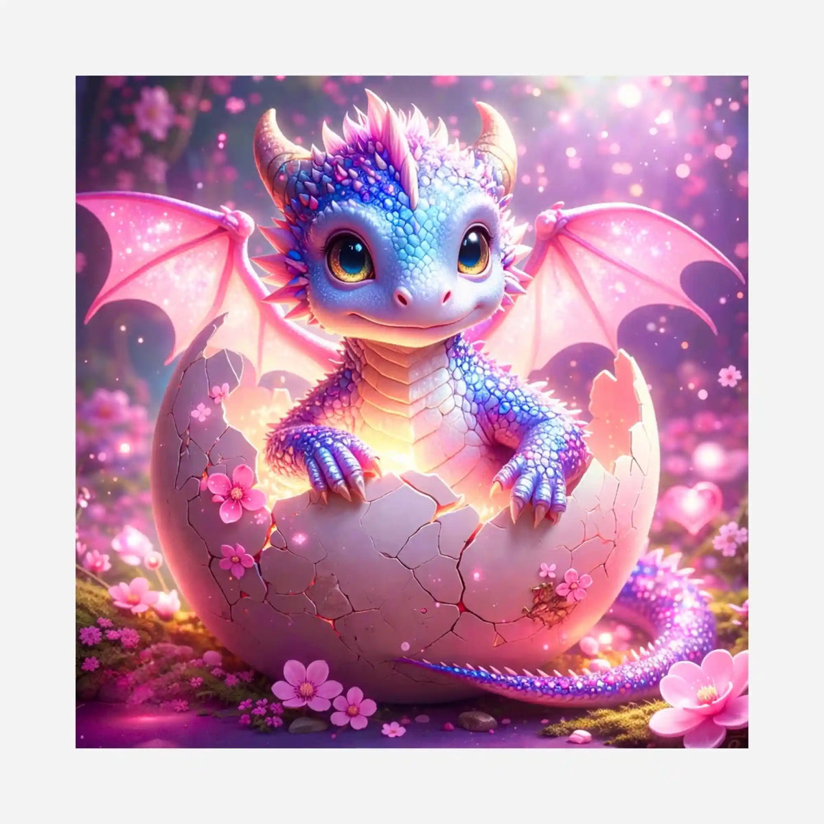 Silikonpapier für Diamond Painting: Süßer Baby-Drache Dragon Sunny schlüpft aus Ei mit rosa Flügeln.