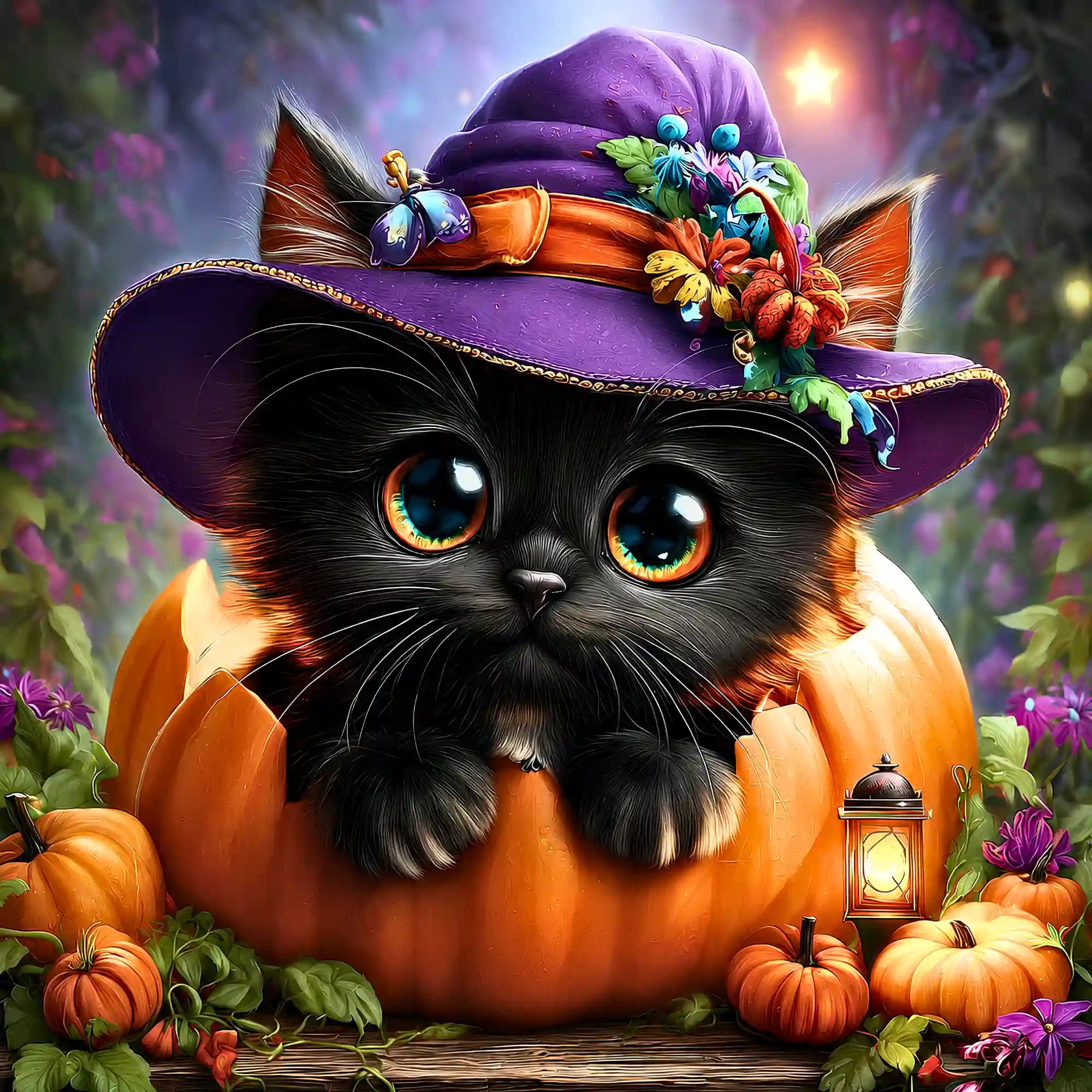 Diamond Painting Set Herbstpfötchen: Süße schwarze Katze mit Zauberhut im Kürbis für herbstliche Halloween-Stimmung