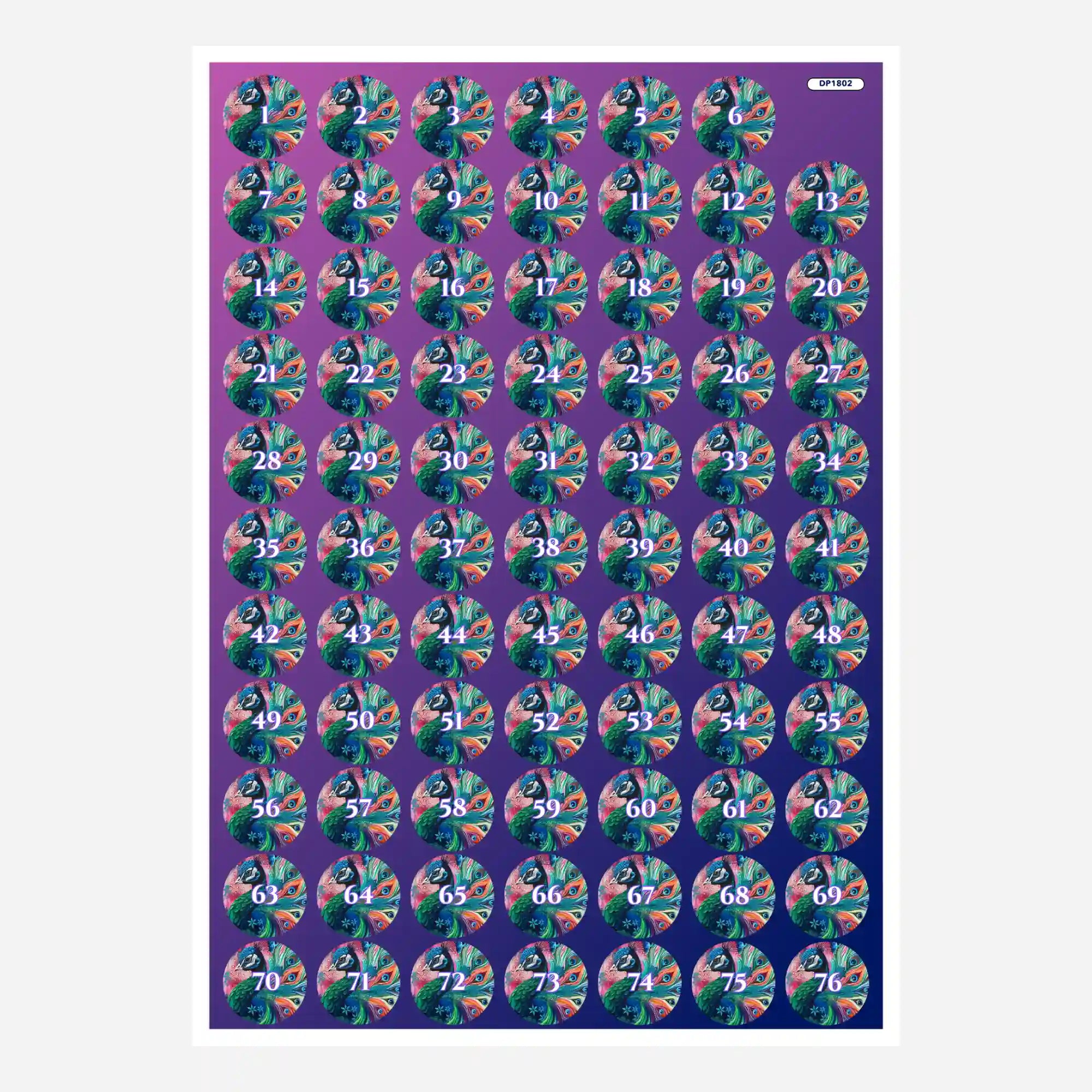 Bogen mit runden Döschenaufklebern für Diamond Painting Steine, Motiv Majestät der Farben mit Nummern 1 bis 76