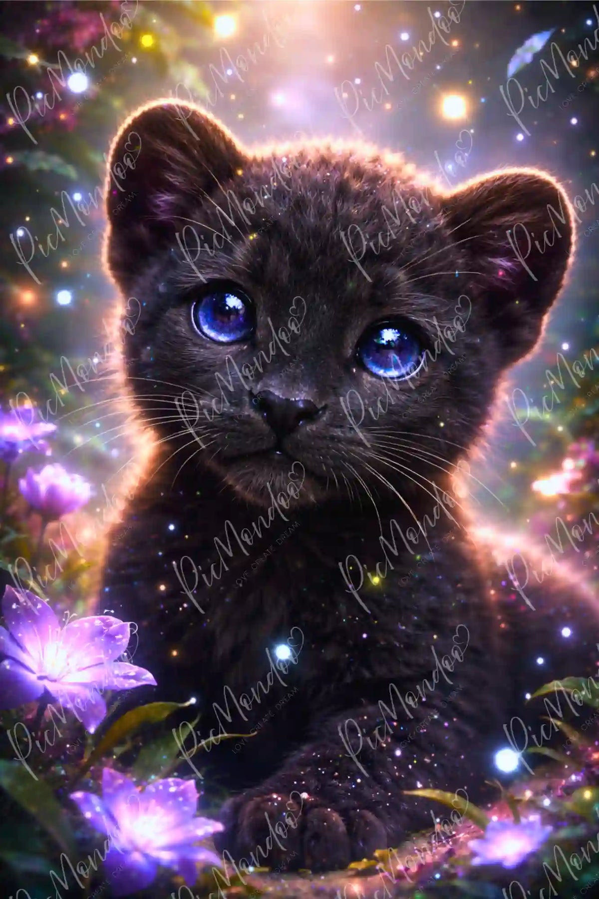 Diamond Painting Motiv: Schwarzer Panther Baby mit blauen Augen und magisch leuchtenden Blüten