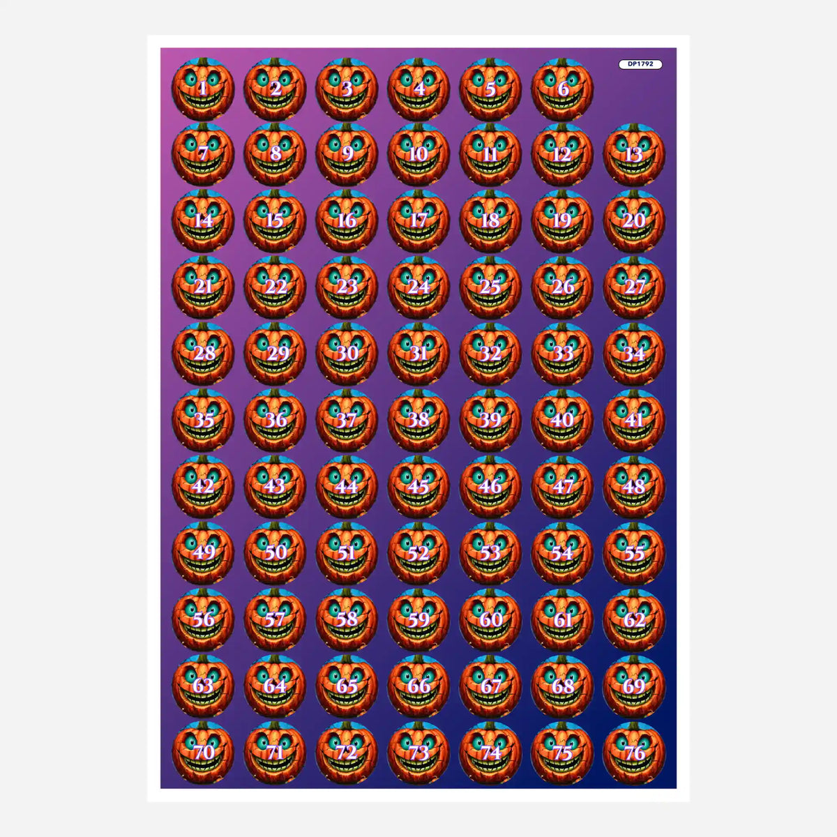 Bogen mit runden Döschenaufklebern für Diamond Painting mit gruseligen Halloween-Kürbis-Motiven und Zahlen von 1 bis 76