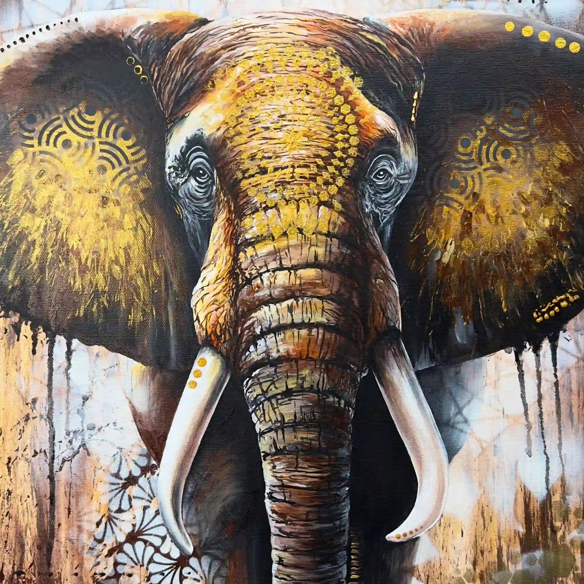 XXL Diamond Painting Set Elefant mit majestätischem Tierporträt, Goldornamenten und Fantasy-Details in Schwarz-Gold.
