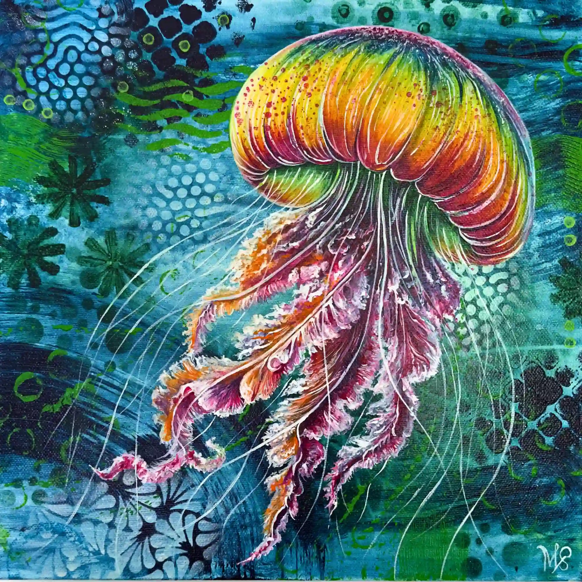 Buntes Diamond Painting Set Medusa Solaris mit leuchtender Qualle in warmen Farben vor einer blauen Unterwasserwelt.