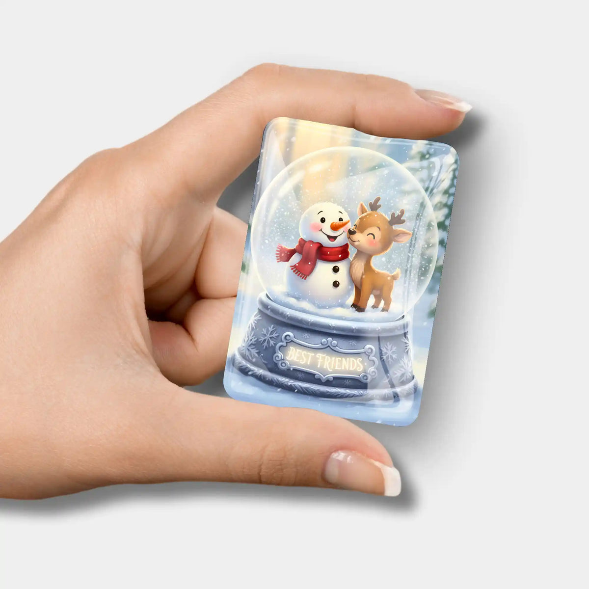 Magnetischer Diamond Painting Cover Minder Best Friends mit Schneemann und Reh Motiv in einer Glaskugel