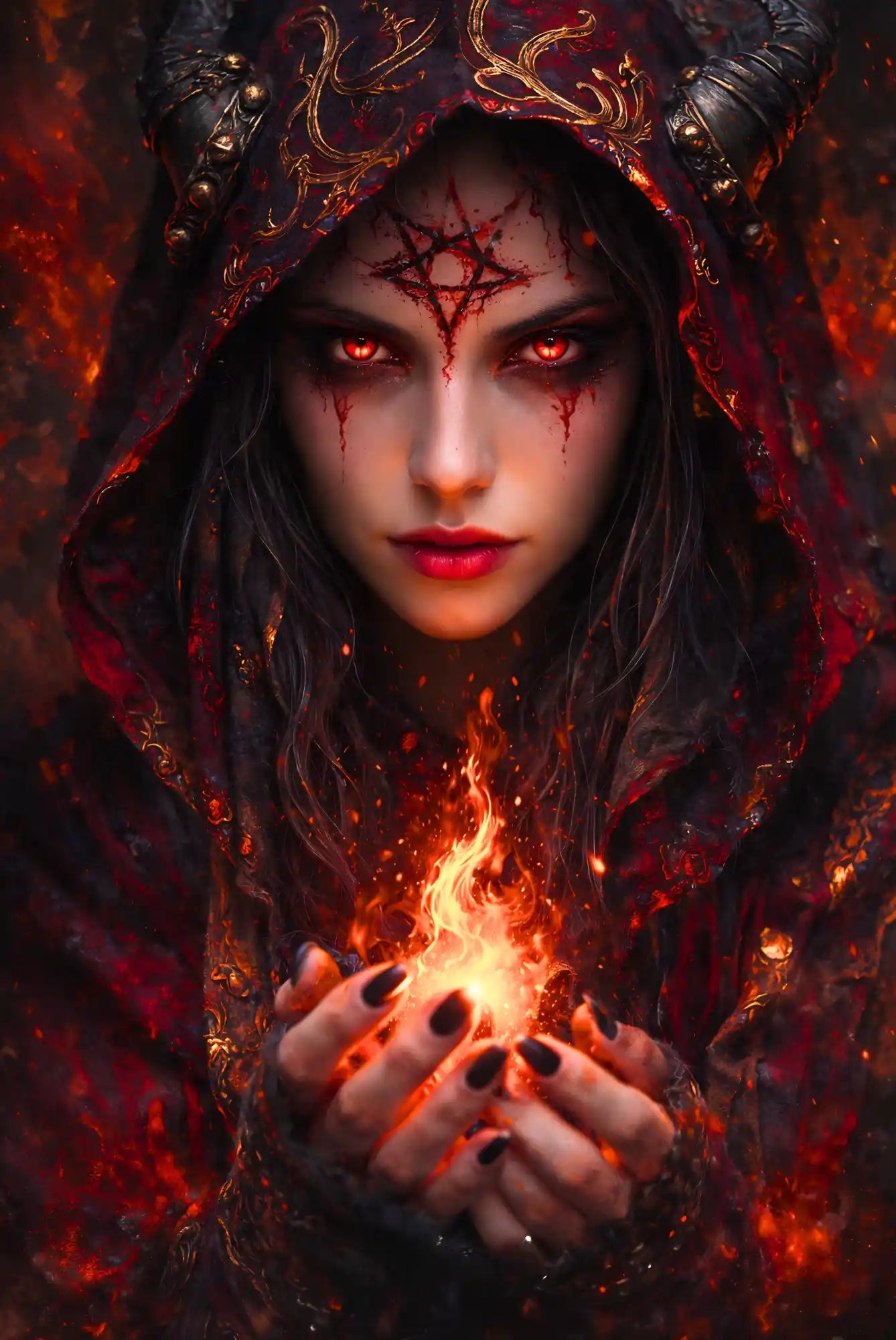 XXL Diamond Painting Lilith: Mystische Frau mit Flammen, roten Augen und Kapuze im Gothic-Stil für magisches Bastelvergnügen.