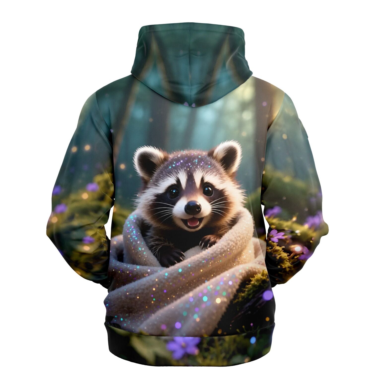 {
"alt_text": "Dreamer Hoodie mit niedlichem Waschbär Motiv, in flauschige Decke eingewickelt, magisches Wald-Design für DI