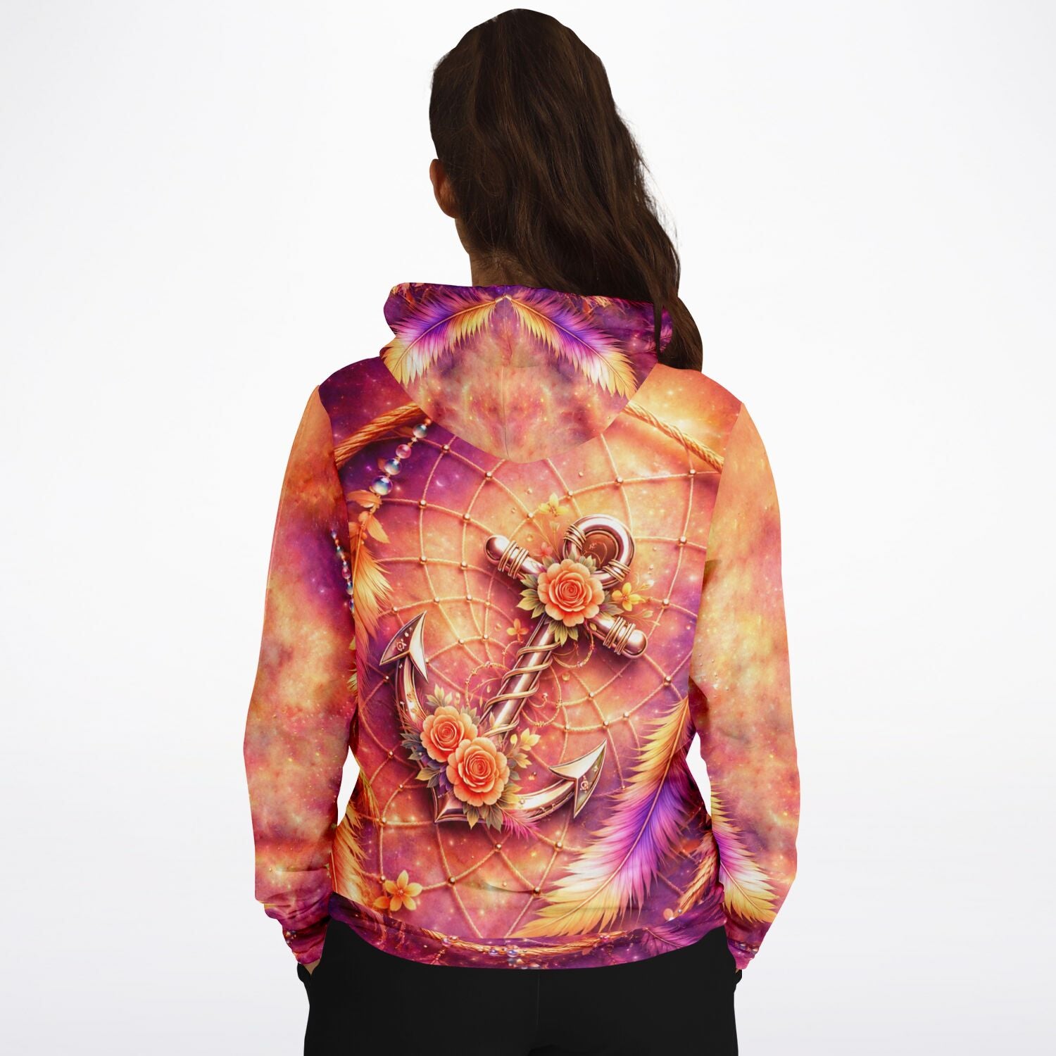 Dreamer Hoodie mit Anker, Rosen und Traumfänger Motiv in Sommermotiv Farbtönen – ideal für kreative DIY-Fans