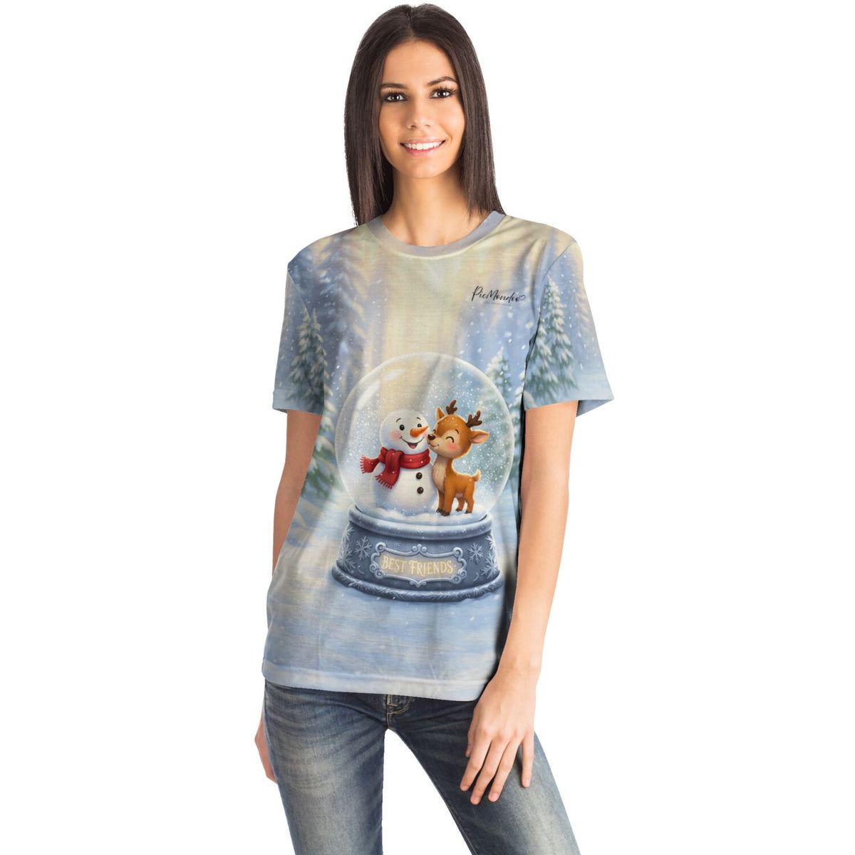 Frau in T-Shirt mit weihnachtlichem Schneemann und Rentier Design im Stil beliebter Diamond Painting Motive