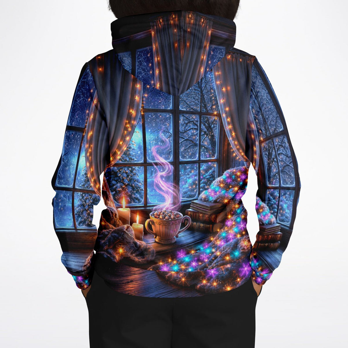 Dreamer Hoodie mit Weihnachtszauber Motiv: Winterfenster, Lichterkette und dampfende Tasse im Stil von Diamond Painting