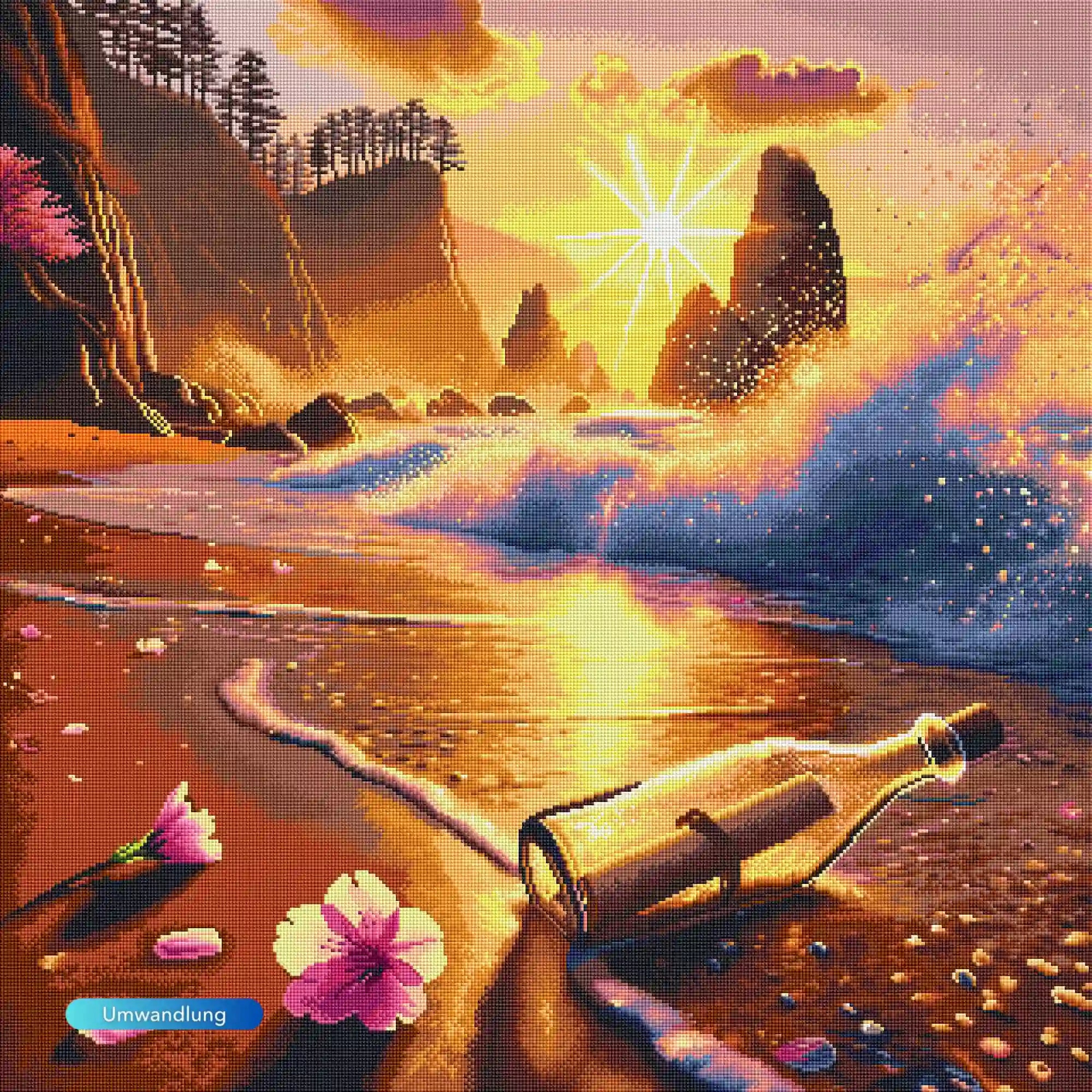 Diamond Painting Set 'Was das Meer bewahrt' – idyllische Küstenlandschaft mit Flaschenpost im goldenen Sonnenuntergang