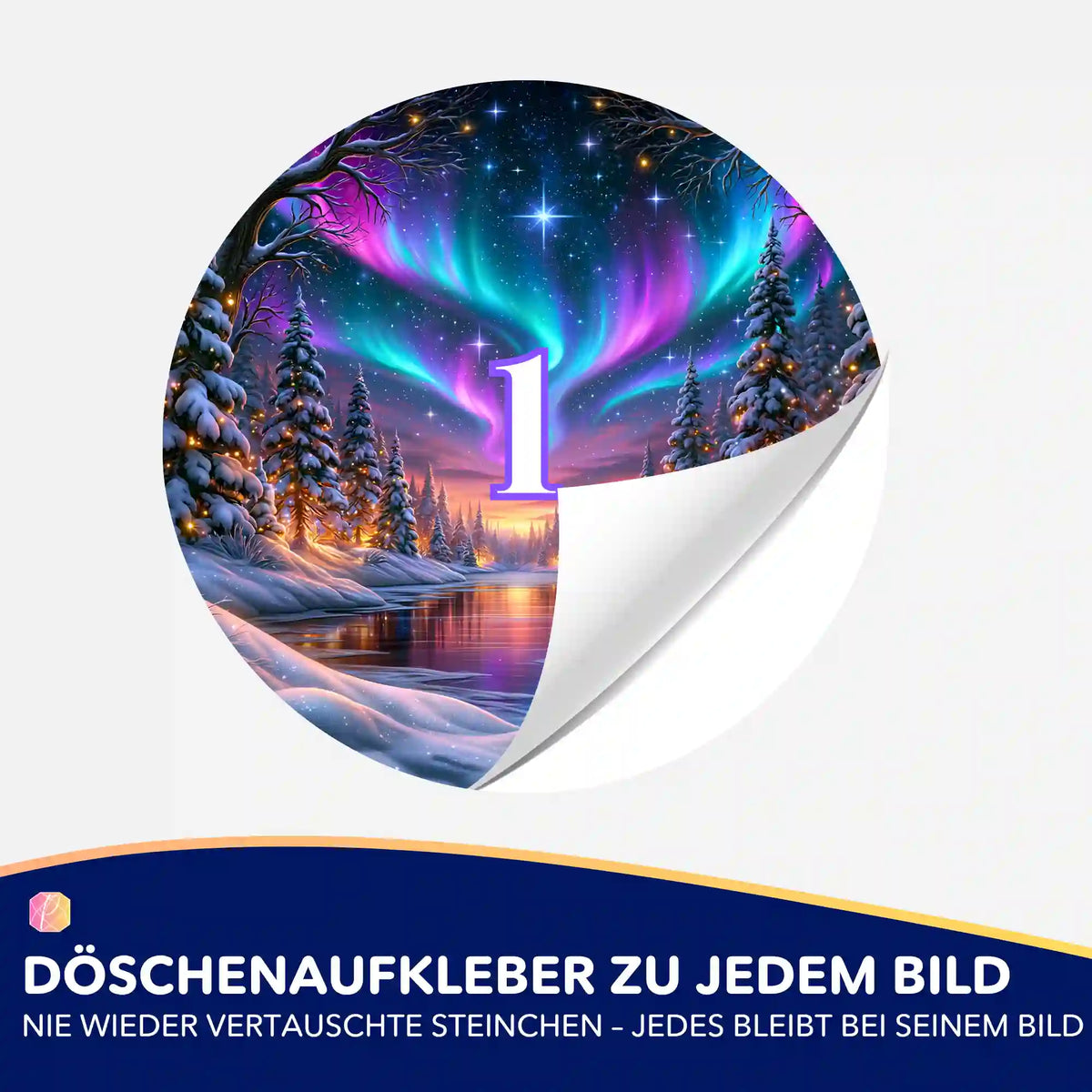 Runder Döschenaufkleber mit Polarlicht-Motiv zur Organisation von Diamond Painting Steinchen