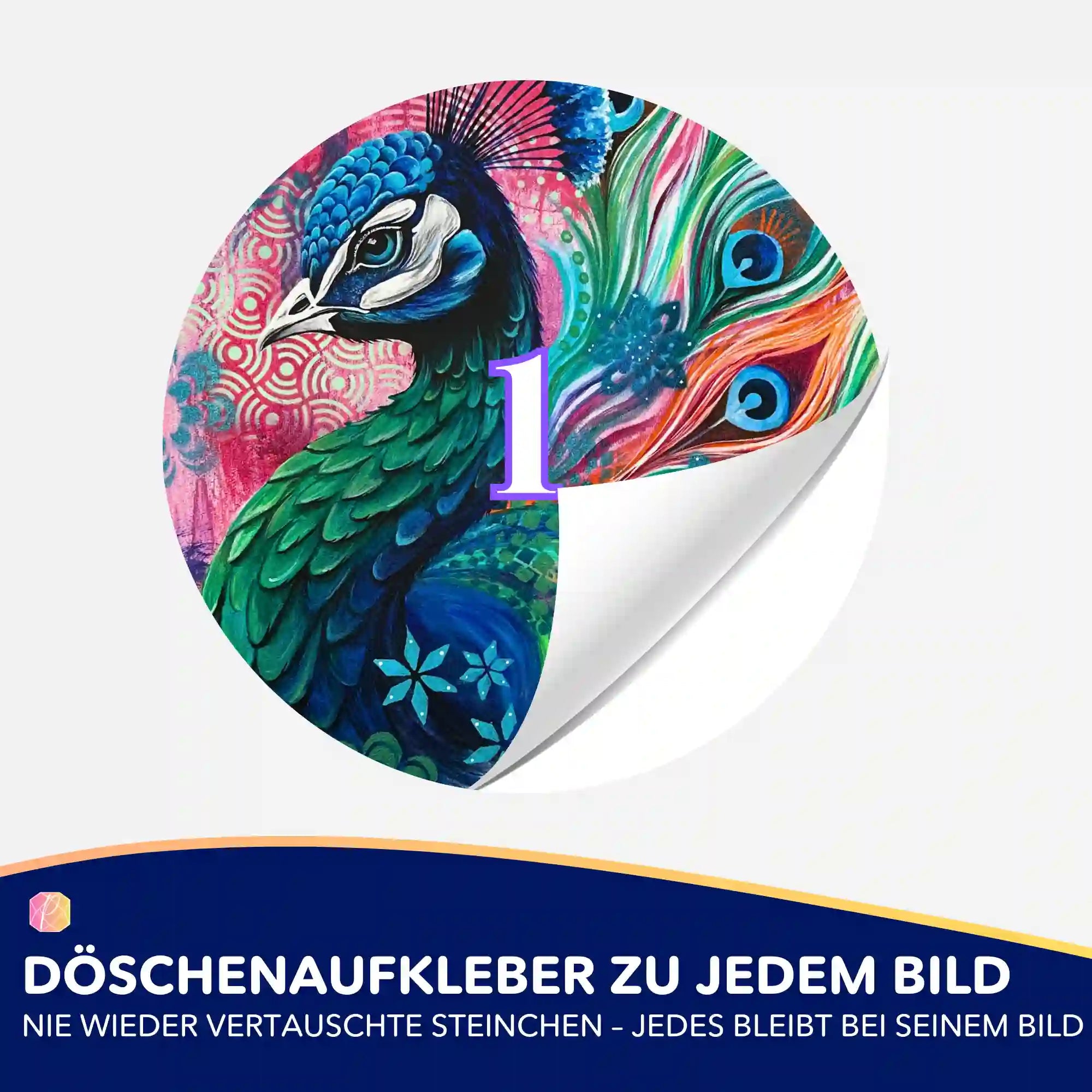 Runder Döschenaufkleber mit Pfauenmotiv für Diamond Painting zur einfachen Organisation der Diamanten-Steinfarben