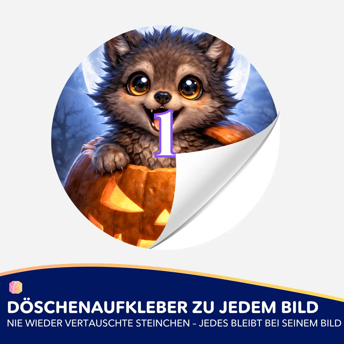 Runder Diamond Painting Döschenaufkleber mit niedlichem Wolfsmotiv im Kürbis für die optimale Sortierung der Steinchen.