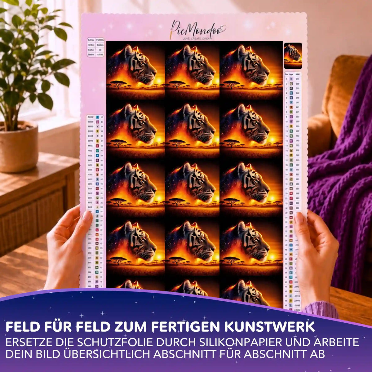 Silikonpapier-Set auf Diamond Painting Leinwand mit leuchtendem Tigermotiv, in praktische Felder getrennt.