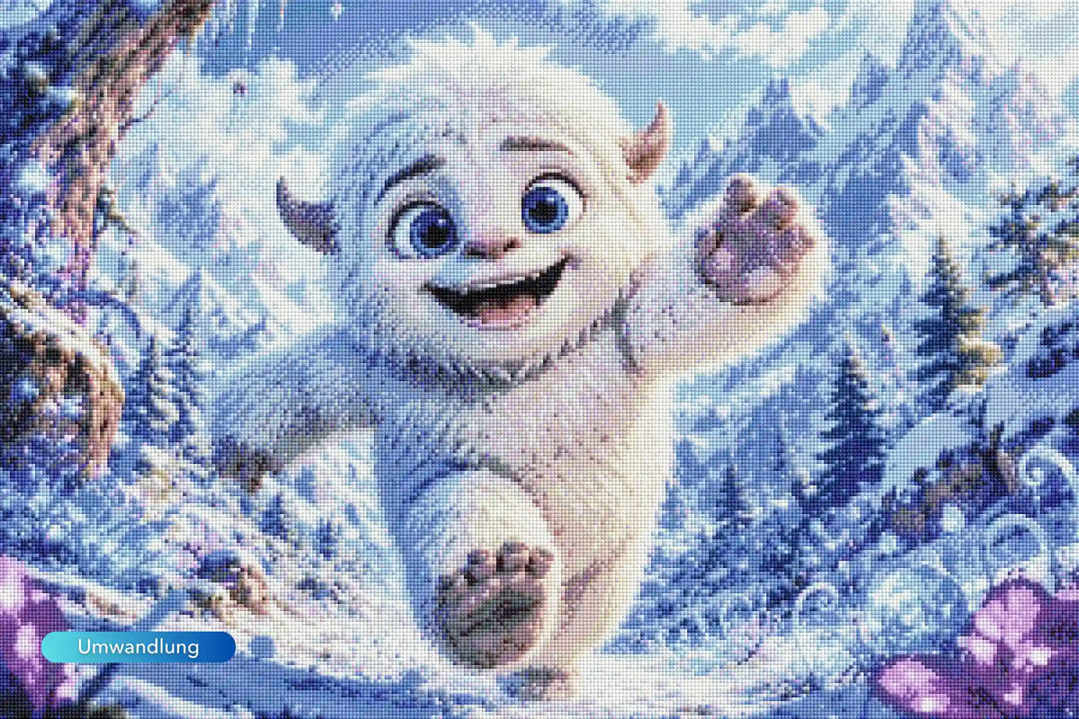 Diamond Painting Set mit fröhlichem Yeti, der durch eine verschneite Winterlandschaft läuft.