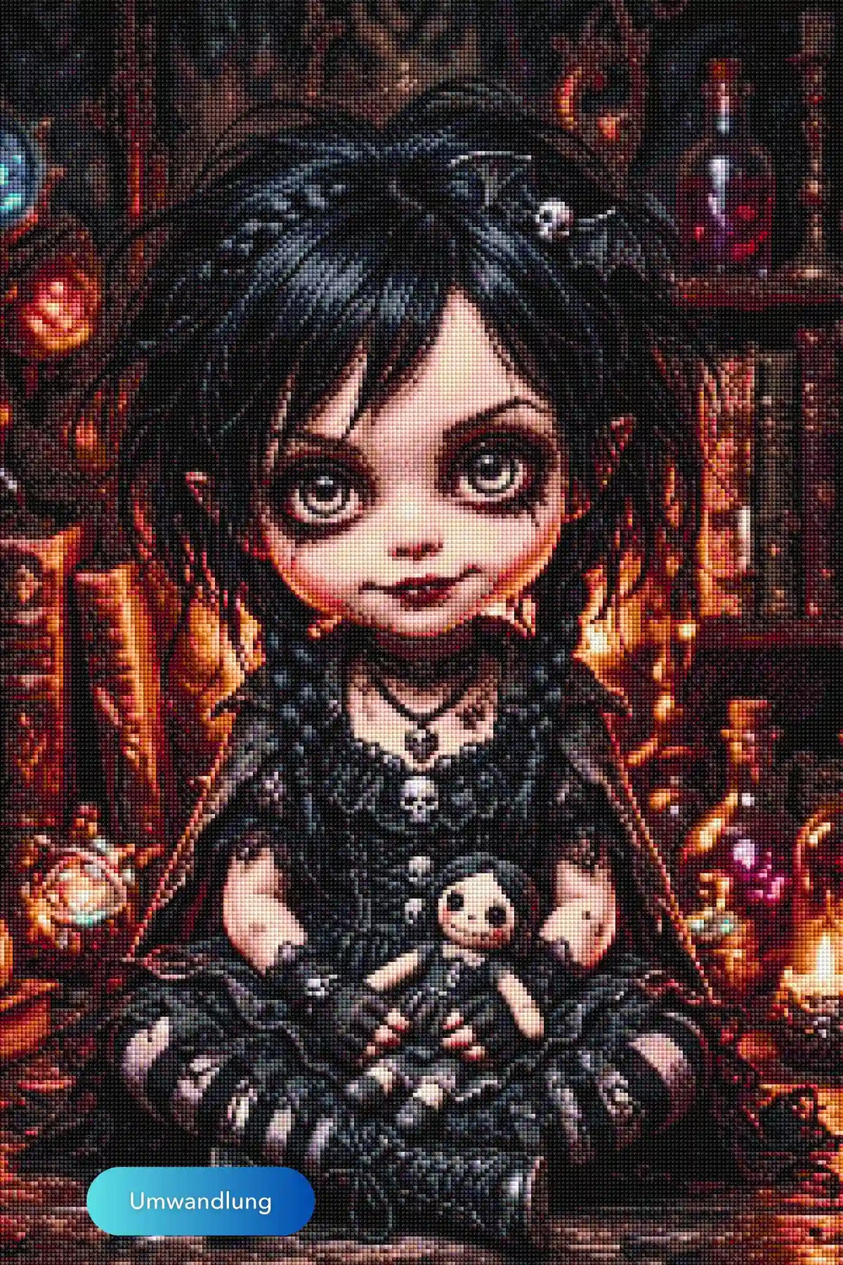 Diamond Painting Set Gothic Mädchen mit Stoffpuppe im Hexenzimmer, detailreiches Halloweenmotiv mit funkelnden Steinen
