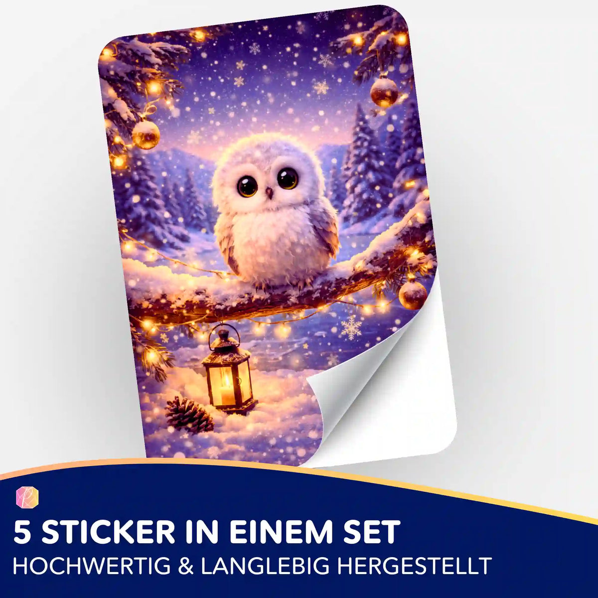 5er-Sticker-Set für Diamond Painting: Eulen-Motiv im winterlichen Wald mit Lichterkette für Bastel-Fans