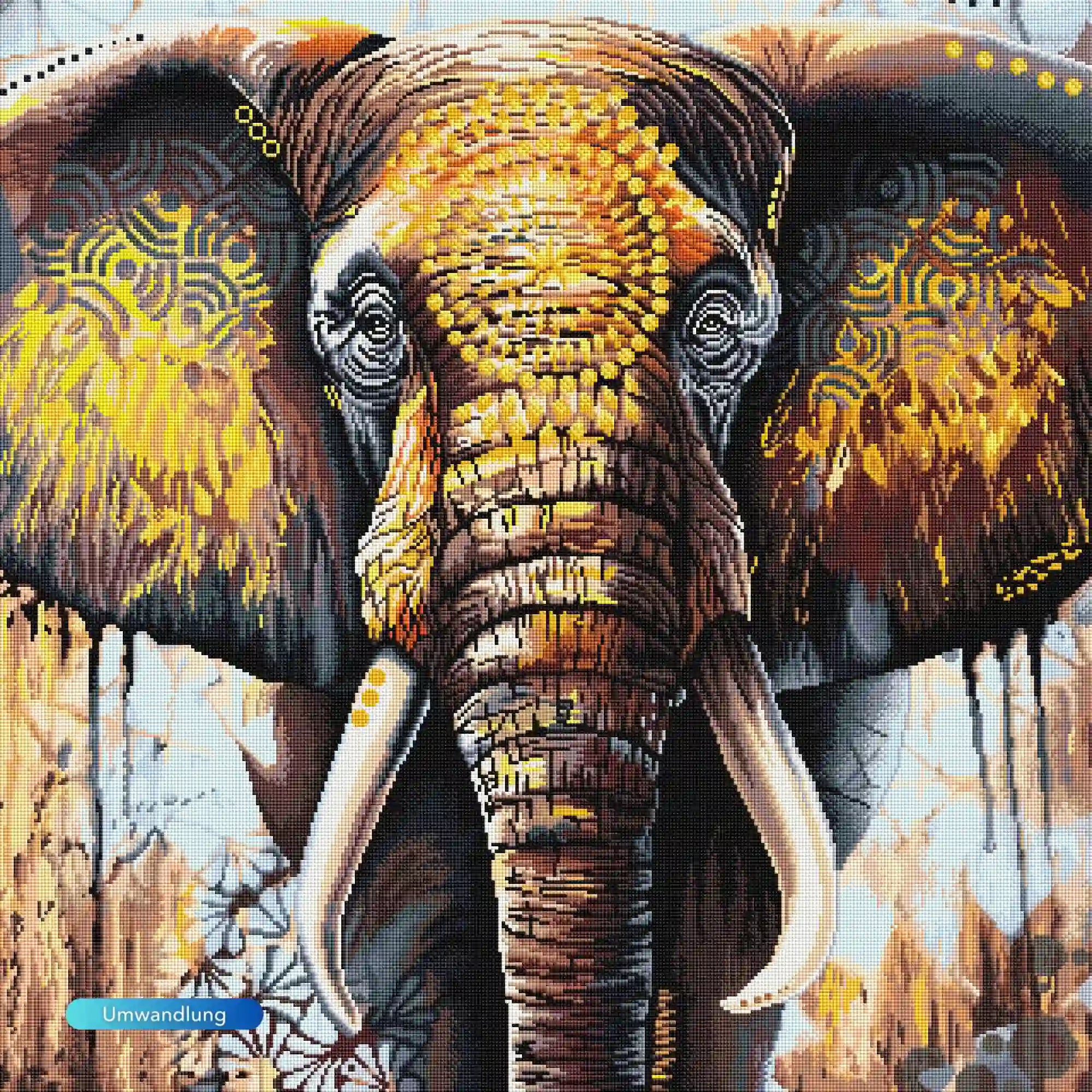 XXL Diamond Painting Elefant mit Goldakzenten und edlen Ornamenten als ausdrucksstarkes Tierporträt auf Leinwand.