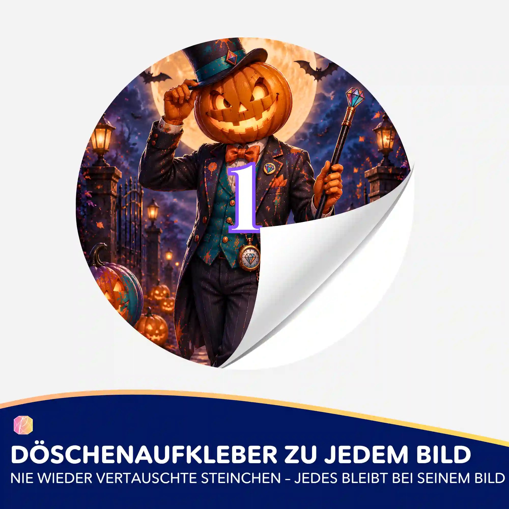 Runder Döschenaufkleber mit Kürbiskopf-Motiv für Diamond Painting Zubehör zur Ordnung deiner Diamanten Steinchen.