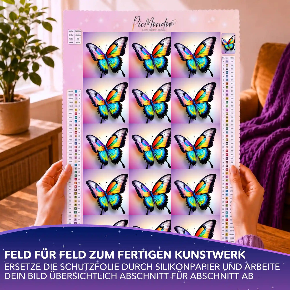 Silikonpapier Set für Diamond Painting mit buntem Schmetterling Mona Motiv auf Leinwand