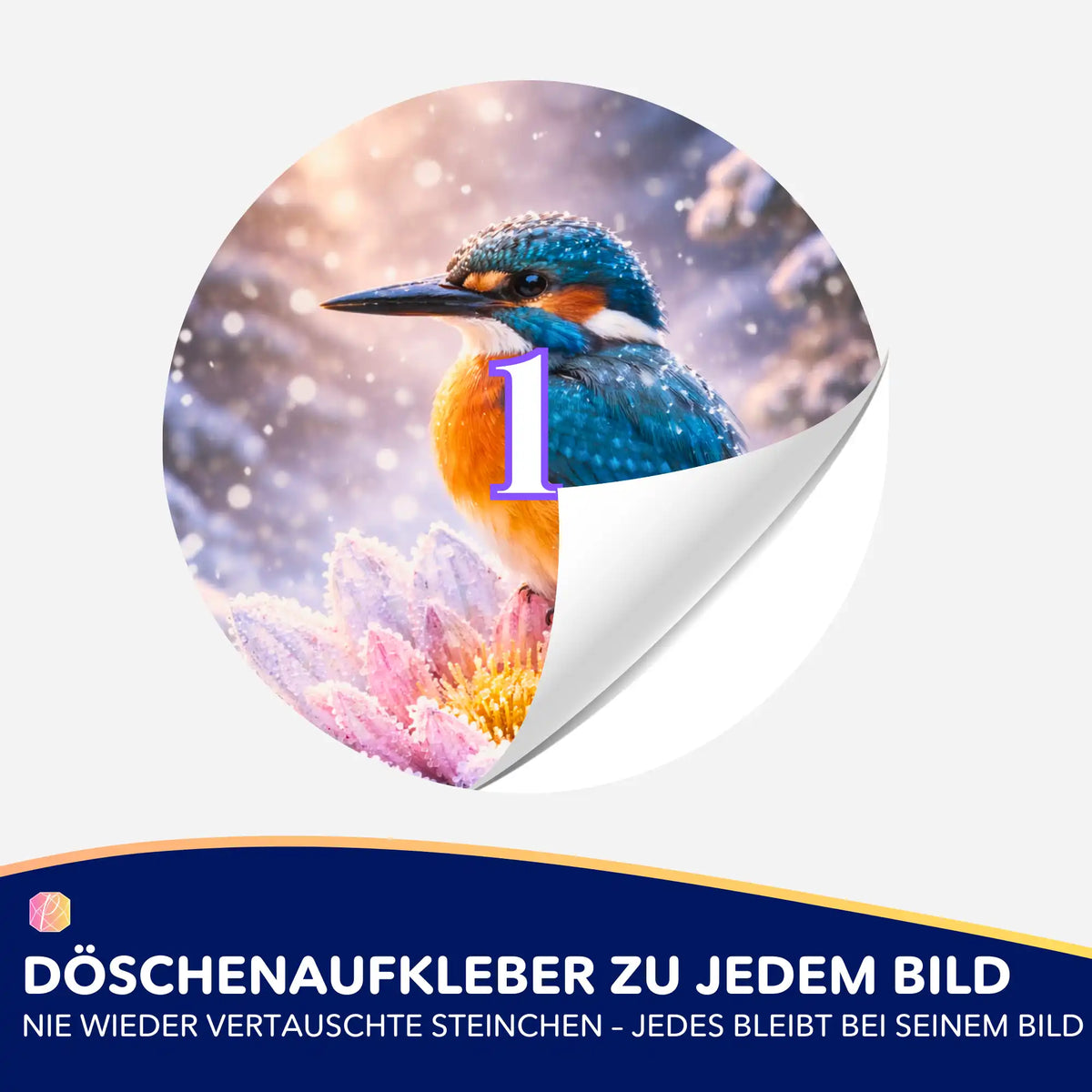 Runder Döschenaufkleber mit Eisvogel-Motiv für Diamond Painting Zubehör zur geordneten Aufbewahrung von Steinchen.
