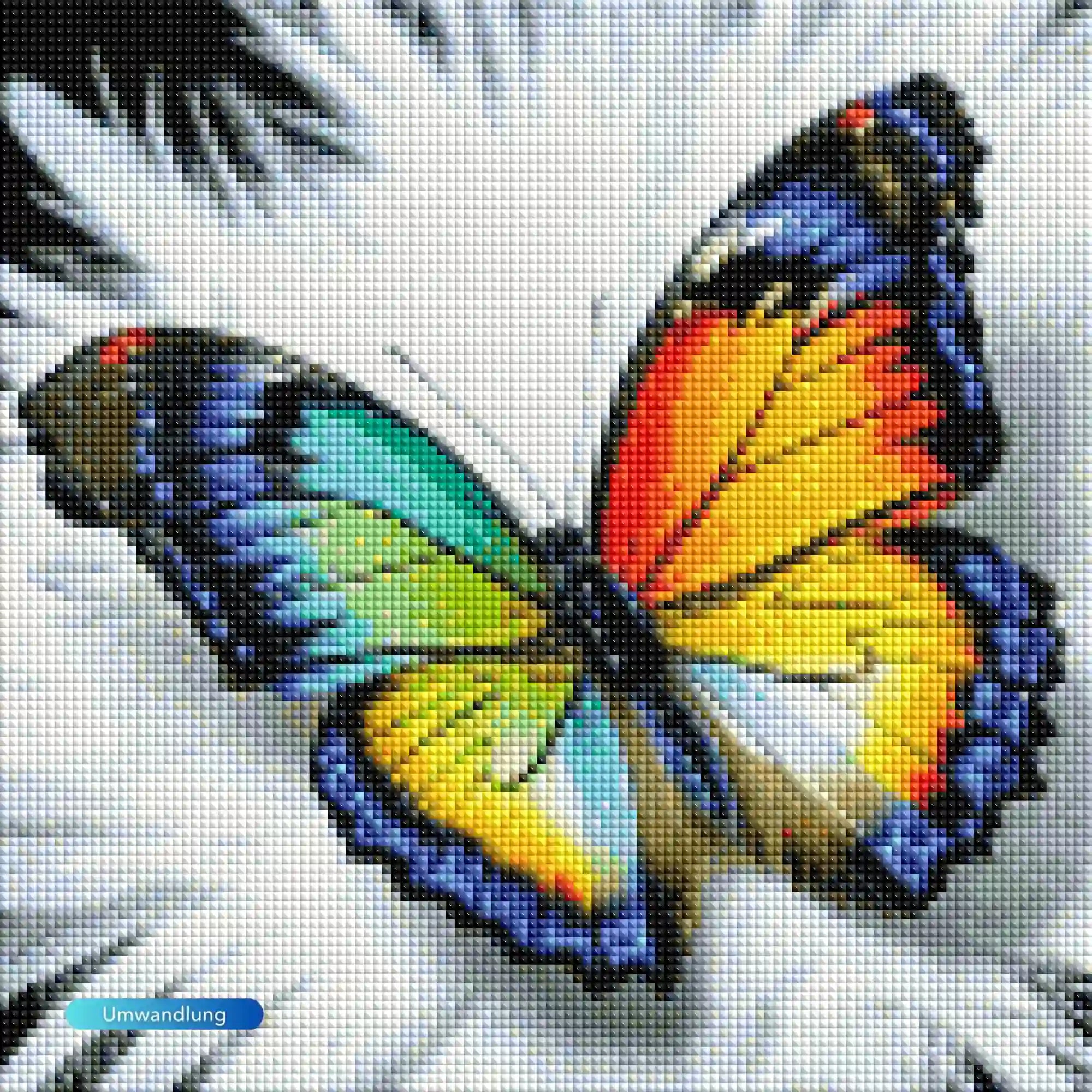 Diamond Painting Set Schmetterling mit bunten Regenbogenflügeln und detailreichen Glitzersteinen auf Leinwand