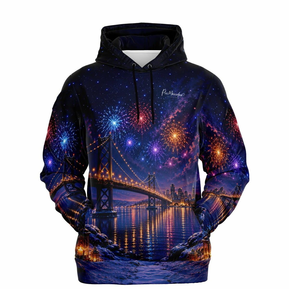 Dreamer Hoodie mit Skyline-Motiv, nächtlichem Feuerwerk und Brücke – stylisches AOP Fashion für Diamond Painting Fans.
