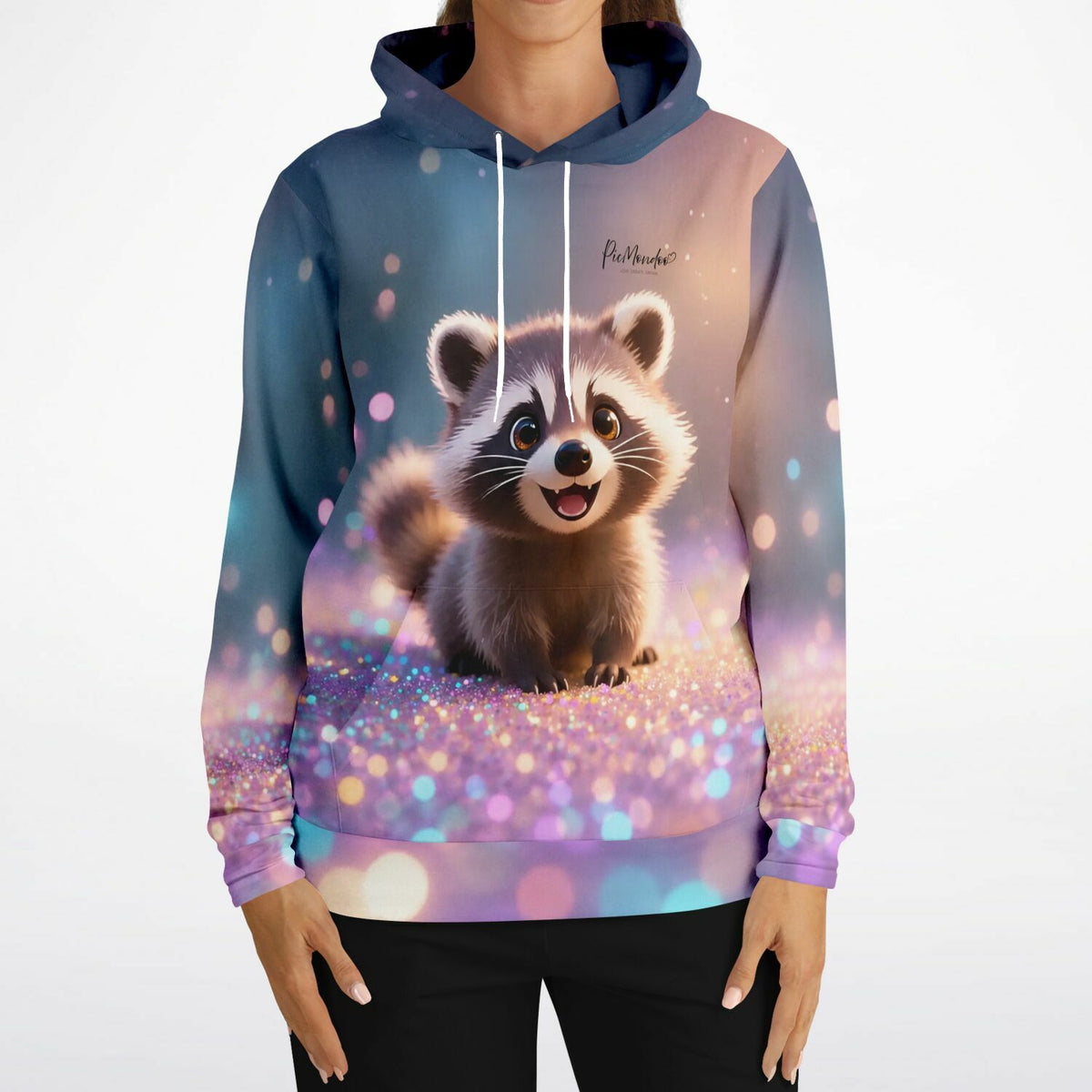 Dreamer Hoodie mit süßem Waschbär Purzel Motiv im Diamond Painting Look und glitzerndem Hintergrund