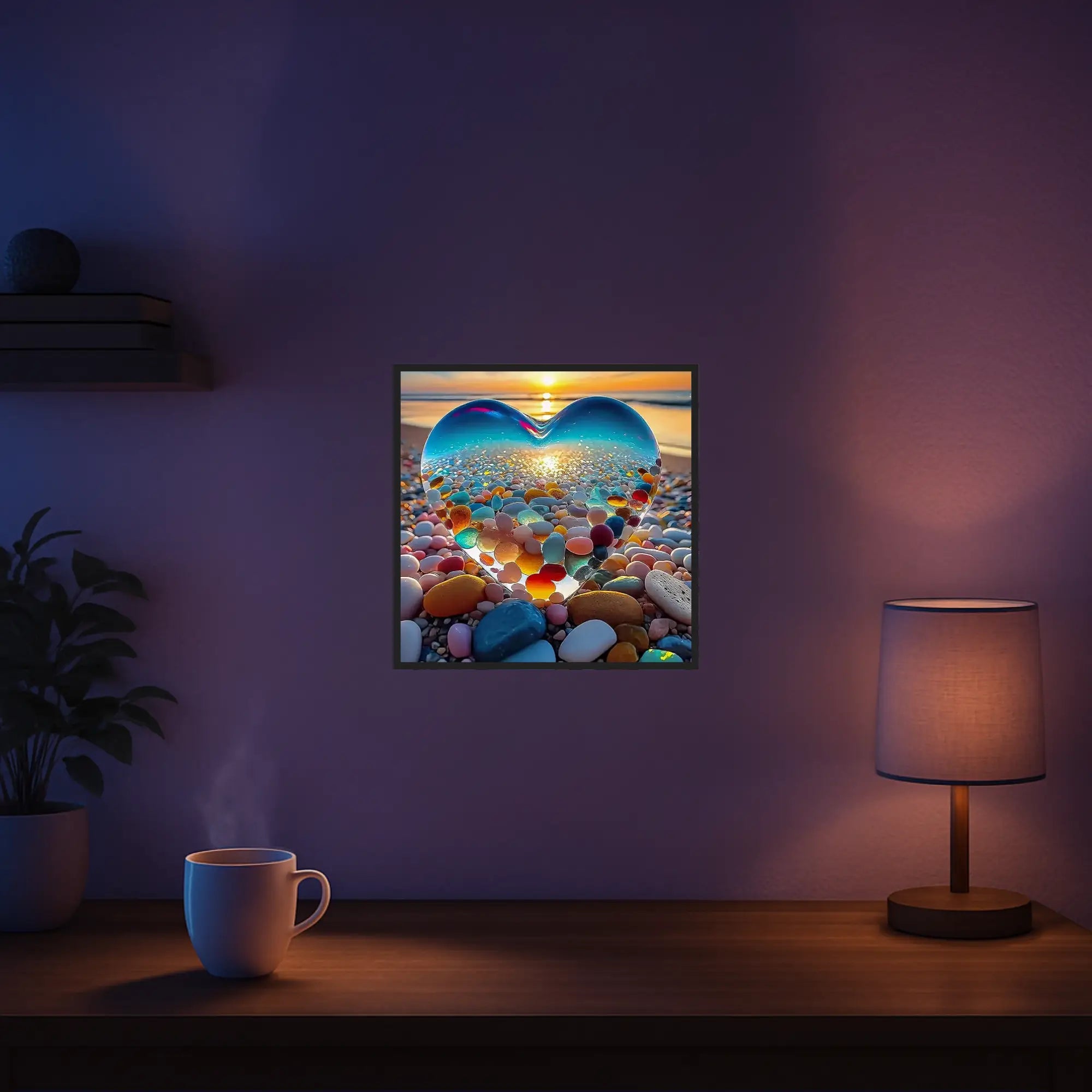 Diamond Painting Herz des Meeres mit glitzernden Steinen als fertiges Wandbild in einem gemütlichen Wohnzimmer