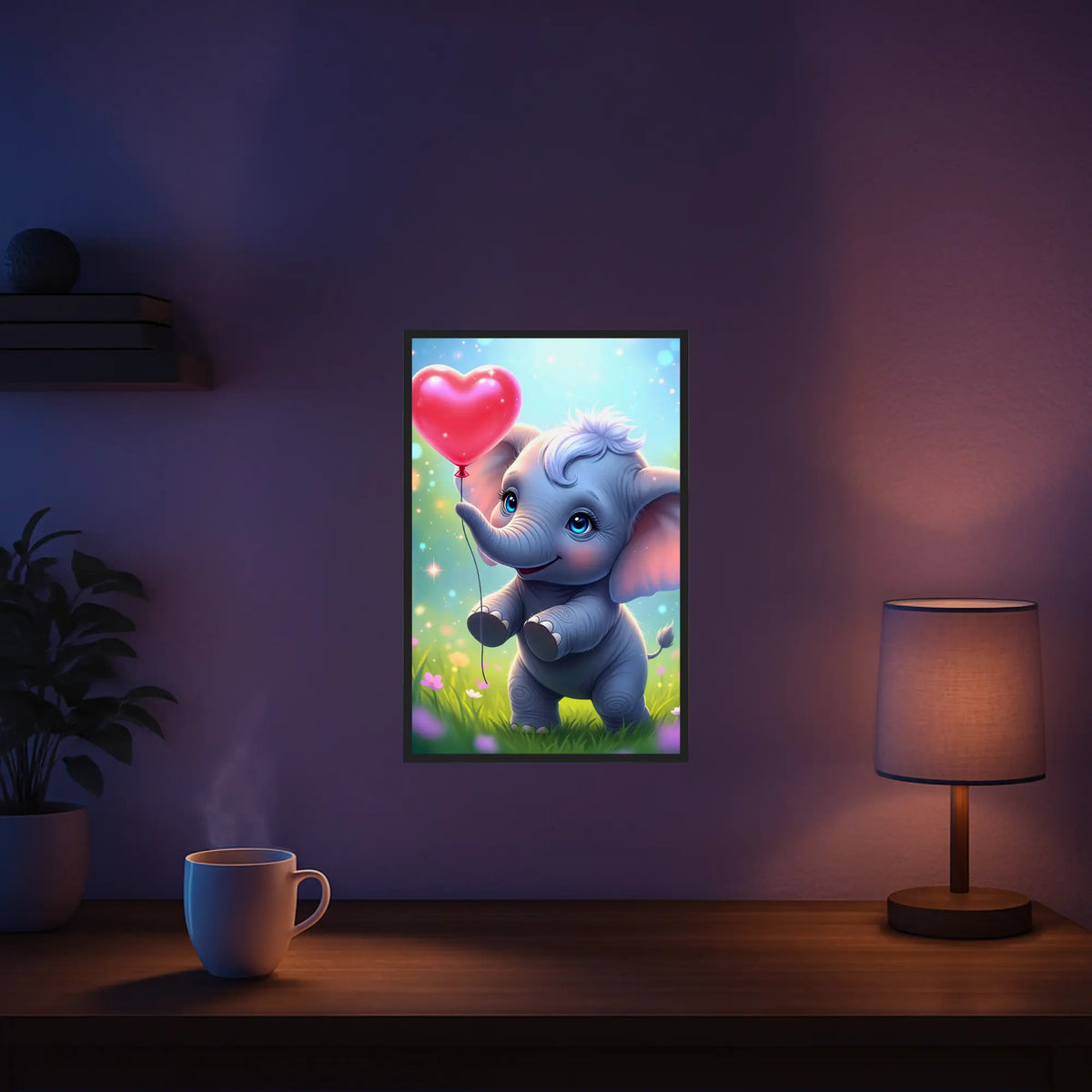 Diamond Painting Set mit niedlichem Babyelefant und Herzballon als magisches Wandbild in einem gemütlichen Zimmer